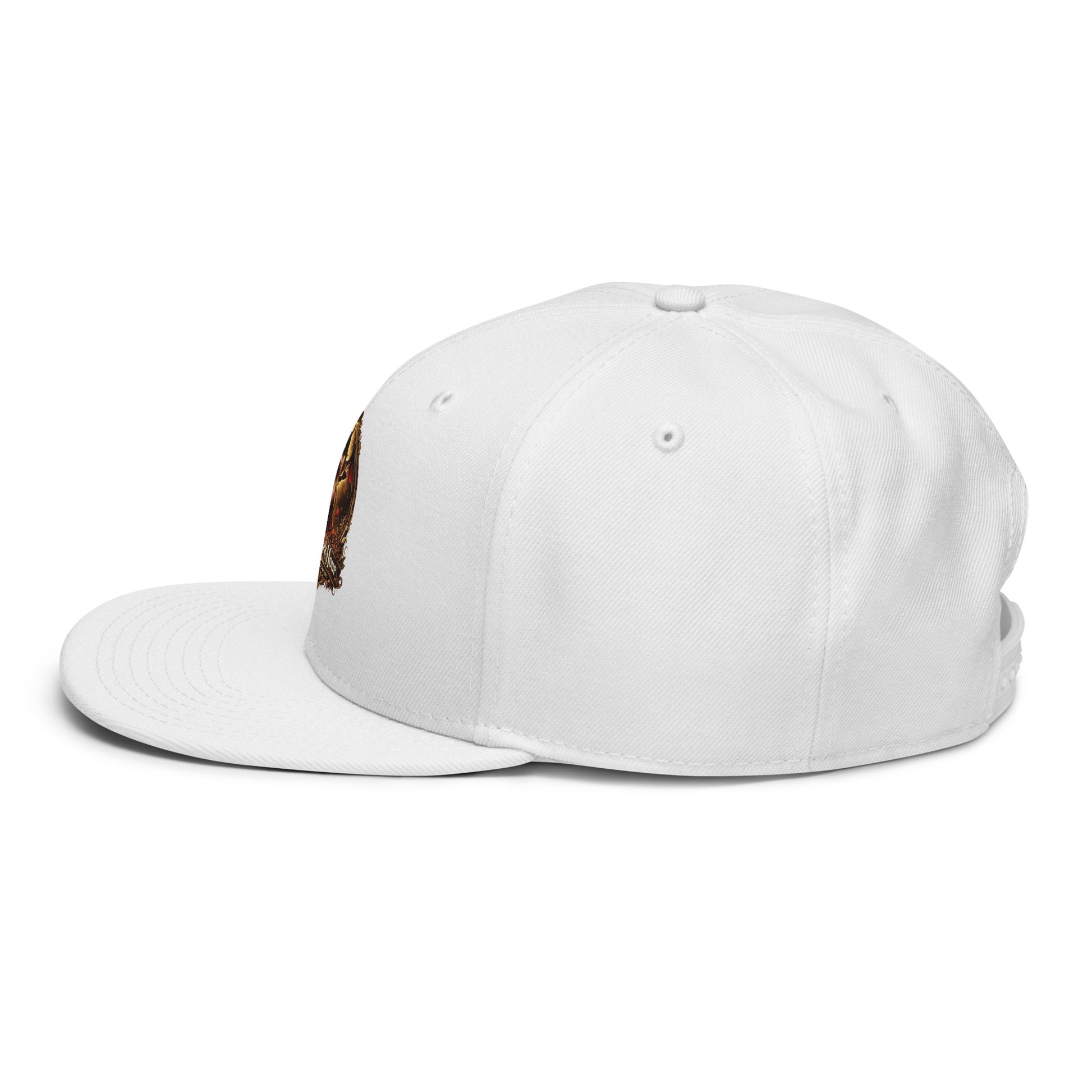 White snapback hat from The Dark Hour Coffee Company, shown from the left side with a flat brim and embroidered logo detail.