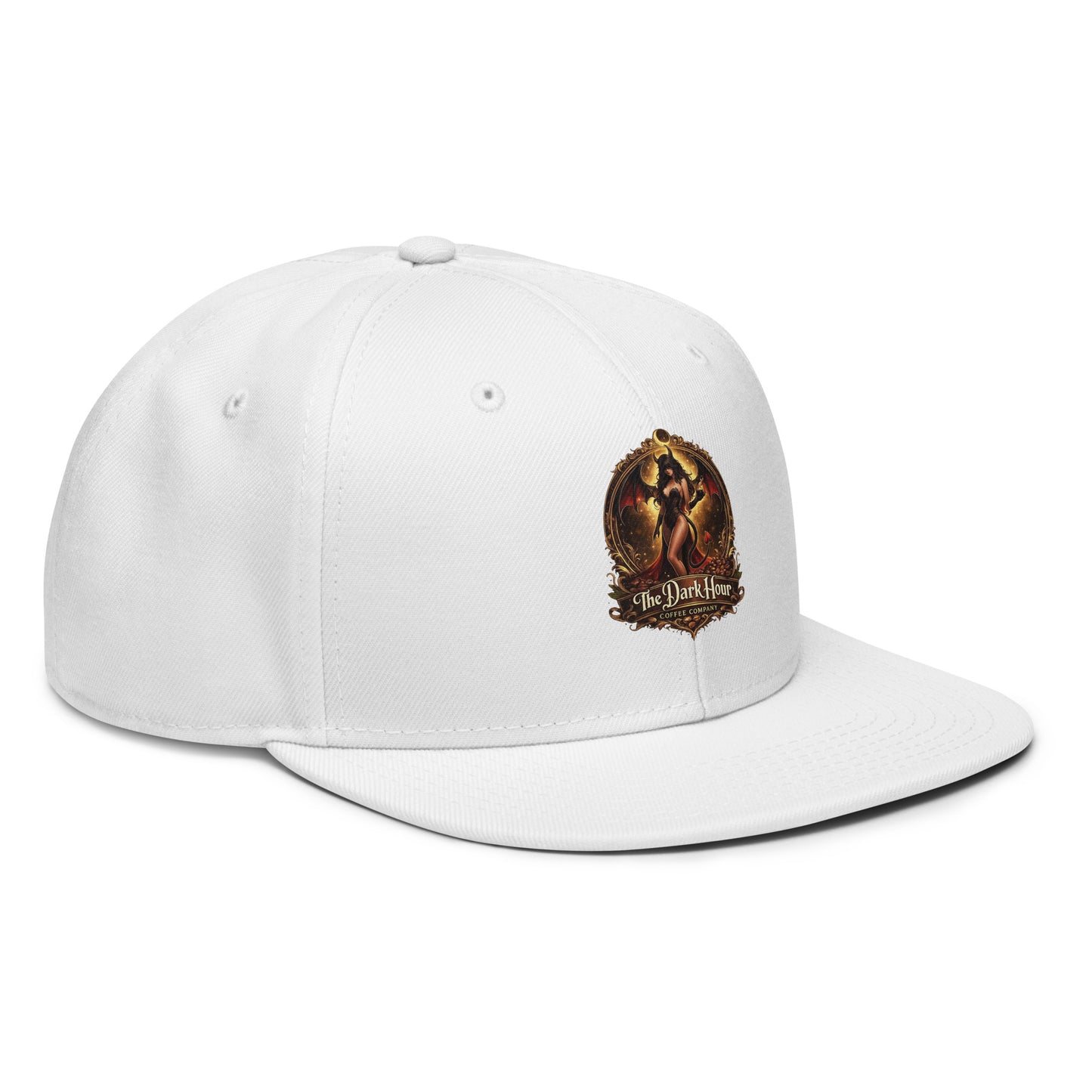 White snapback hat from The Dark Hour Coffee Company, showing the front and right side view with a structured brim.