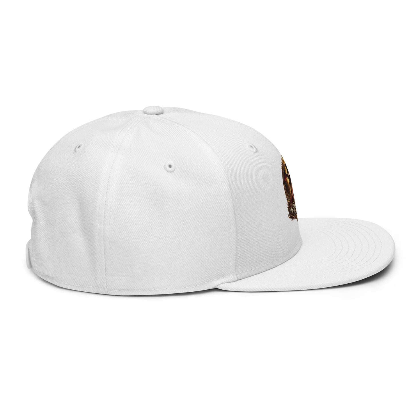 White snapback hat by The Dark Hour Coffee Company, shown from the right side with a flat brim and adjustable strap.