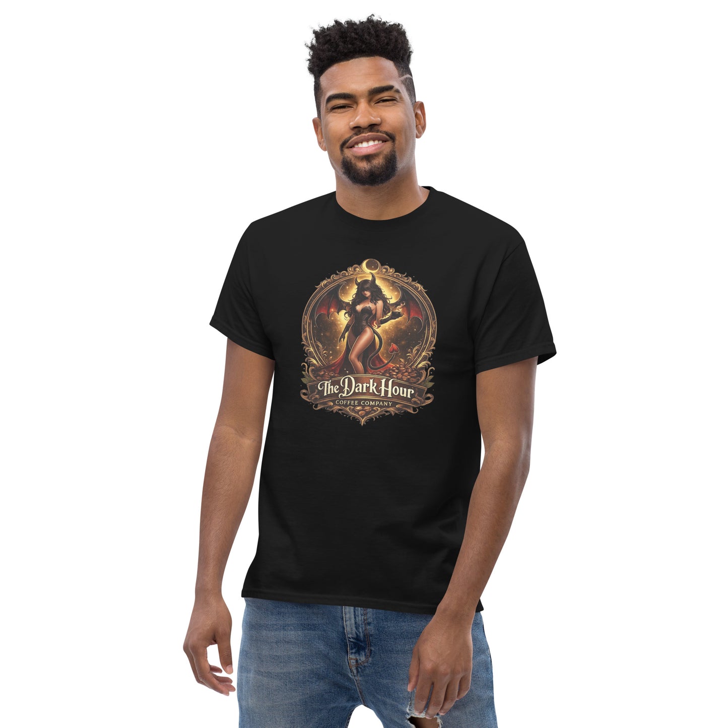Unisex classic black T-shirt from The Dark Hour Coffee Company shown from the front, casual fit and soft fabric.