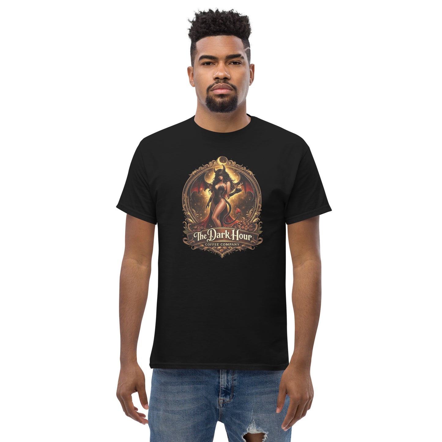 Black unisex classic tee from The Dark Hour Coffee Company, front view showing simple, comfortable cotton t-shirt design.