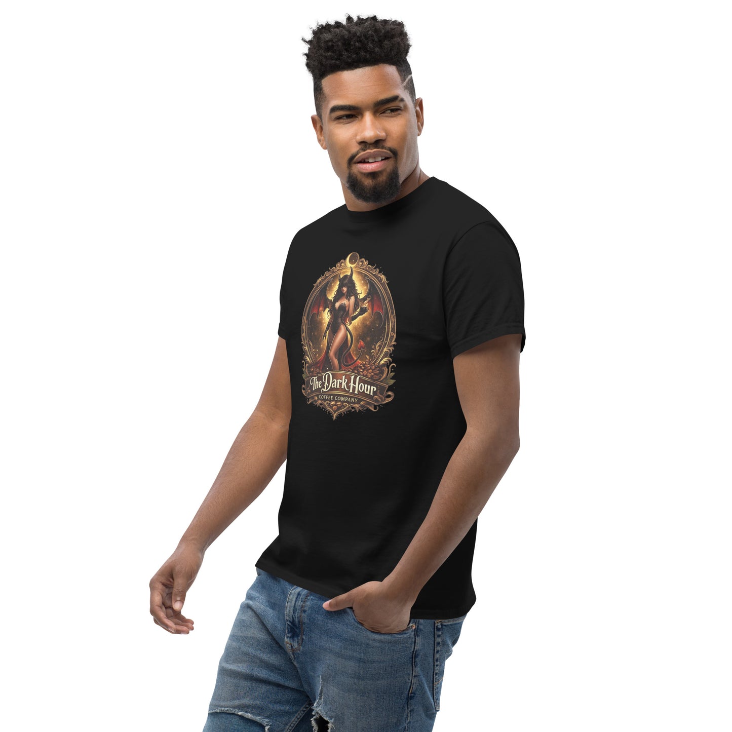 Unisex Classic Tee from The Dark Hour Coffee Company in black, showing a front view with a crew neckline and short sleeves.