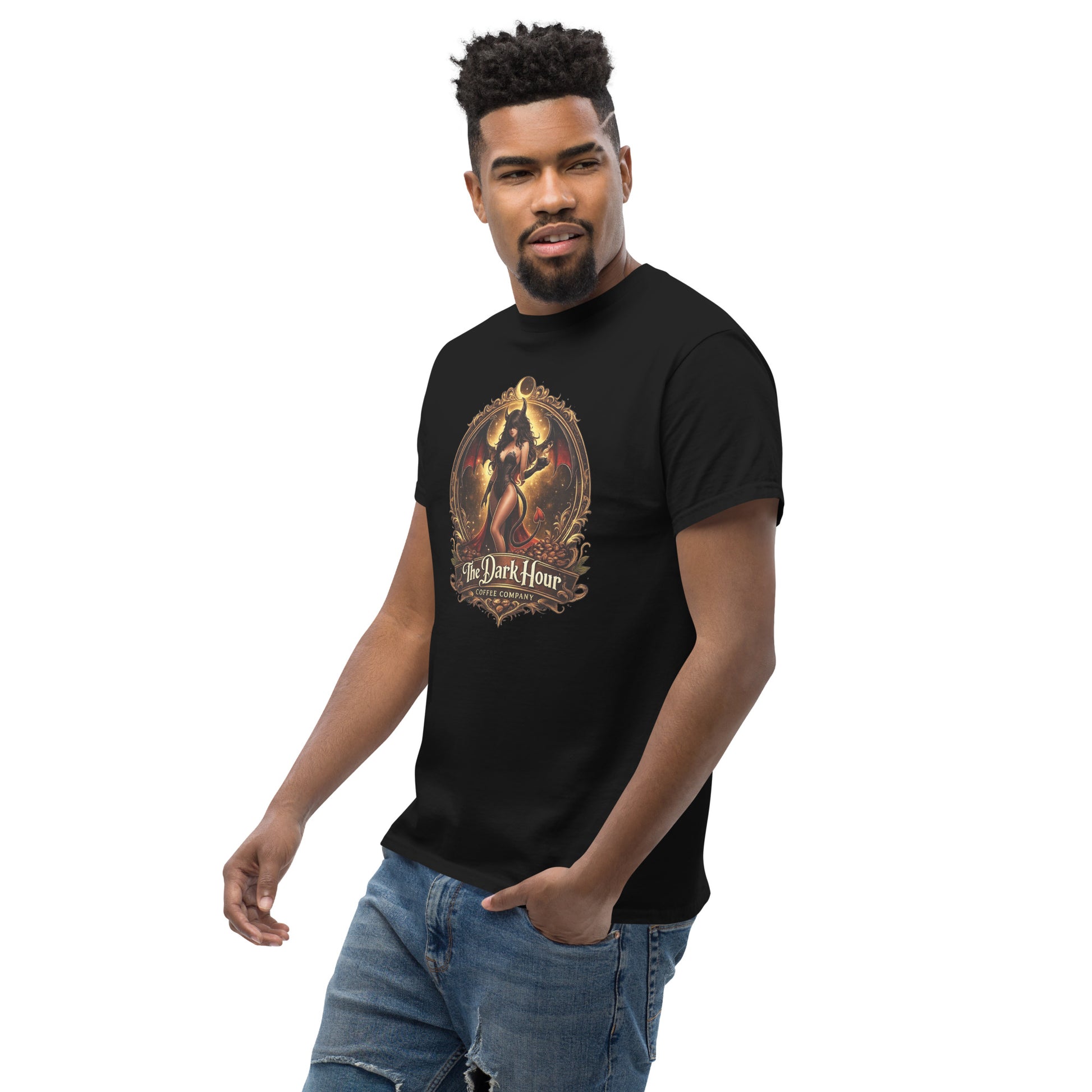 Unisex Classic Tee from The Dark Hour Coffee Company in black, showing a front view with a crew neckline and short sleeves.