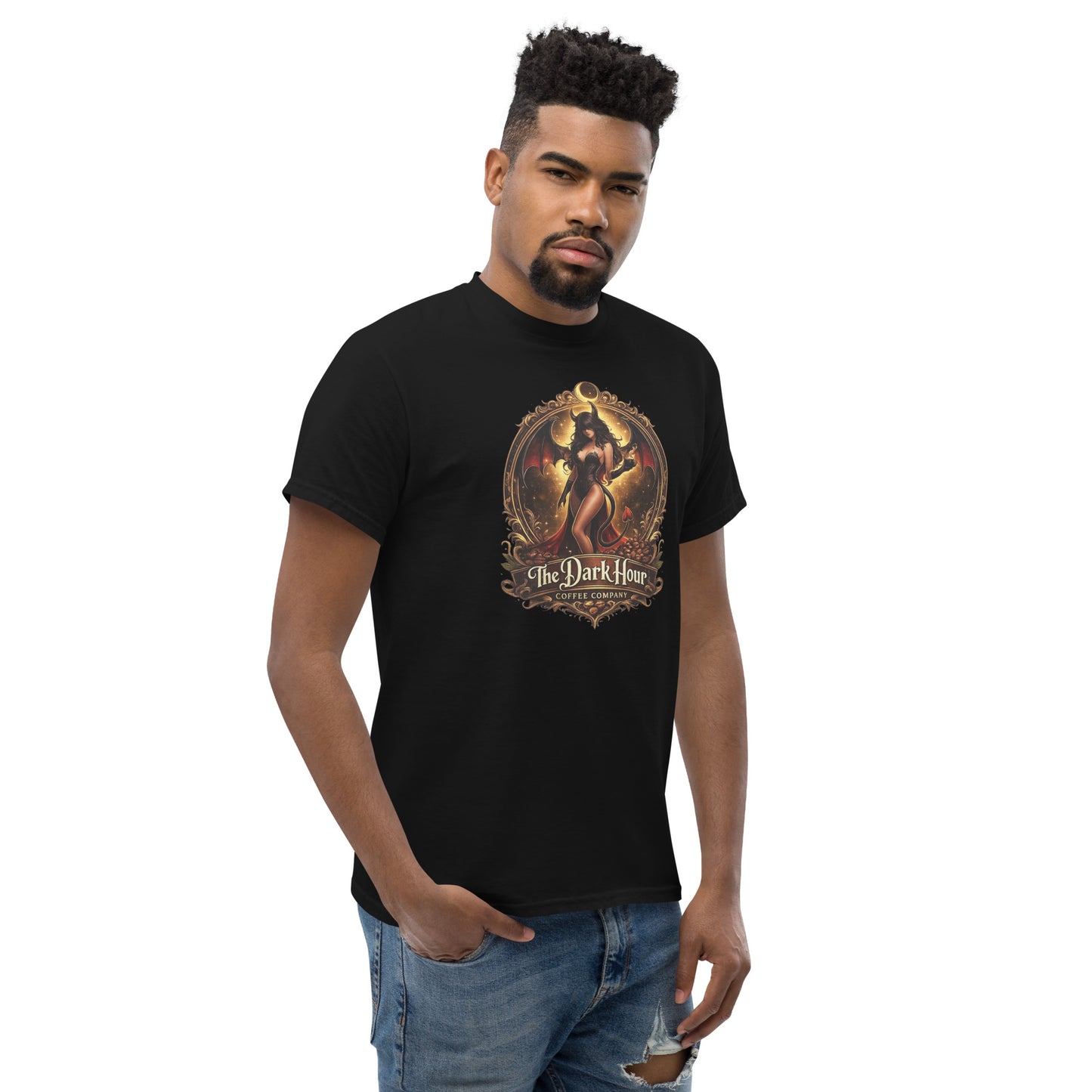 Black unisex Classic Tee from The Dark Hour Coffee Company, showing right front view with a comfortable fit and casual style.