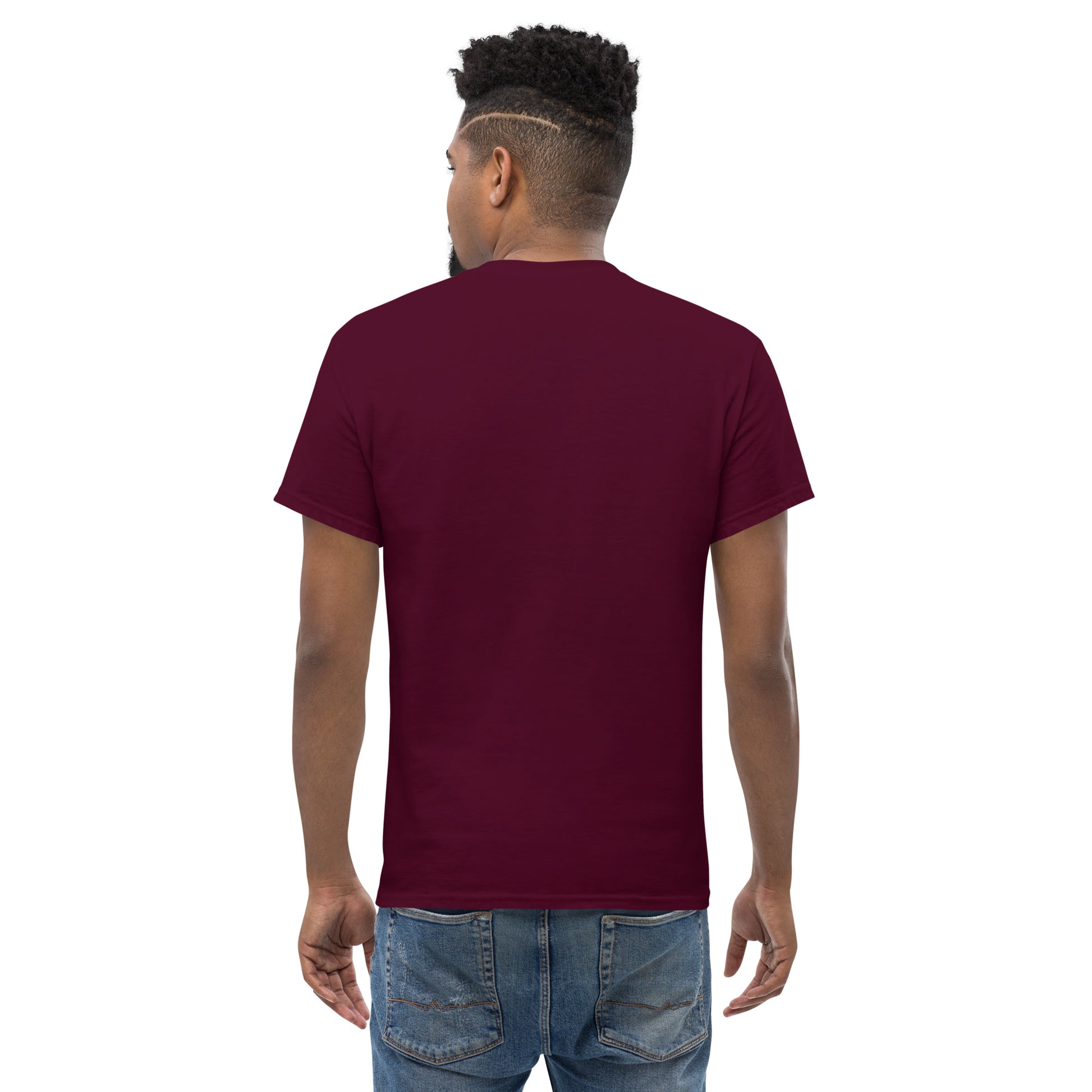 Maroon unisex classic T-shirt by The Dark Hour Coffee Company showing the back side. Comfortable casual fit.