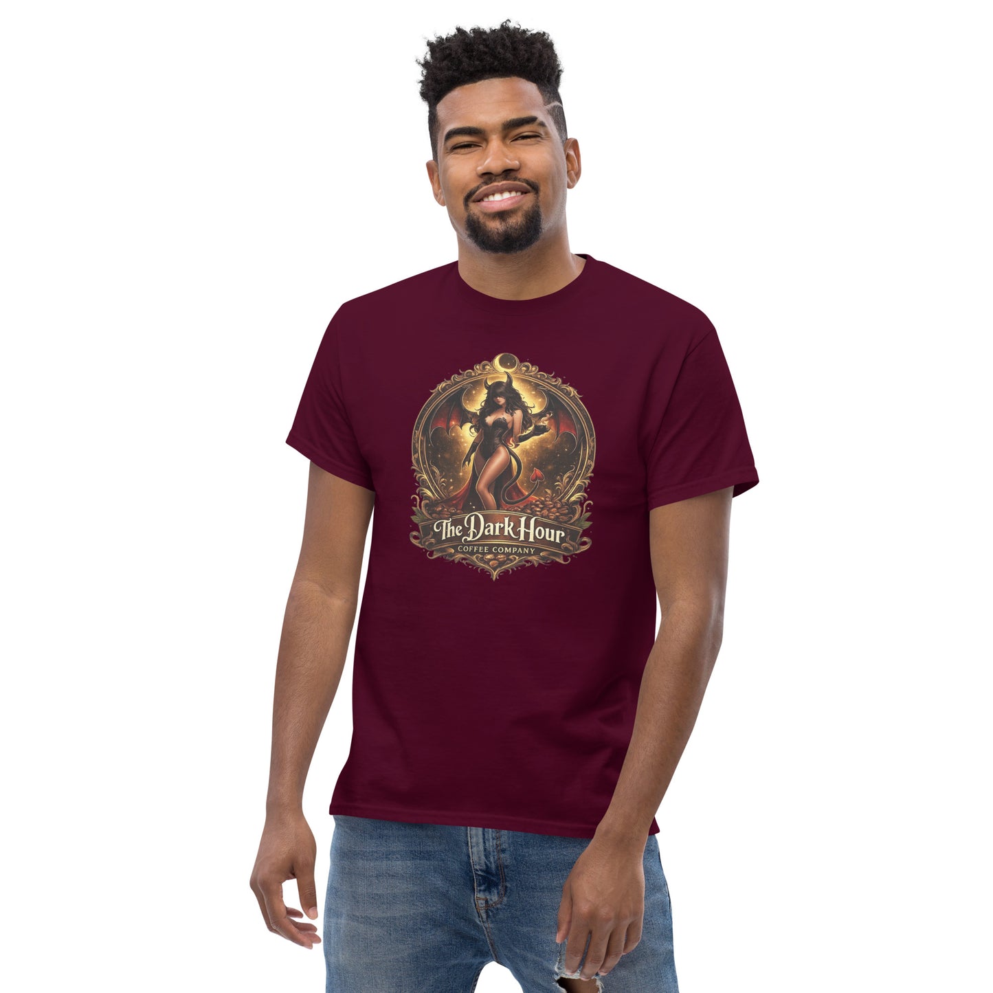 Maroon unisex classic T-shirt from The Dark Hour Coffee Company, front view showcasing a simple, comfortable design.
