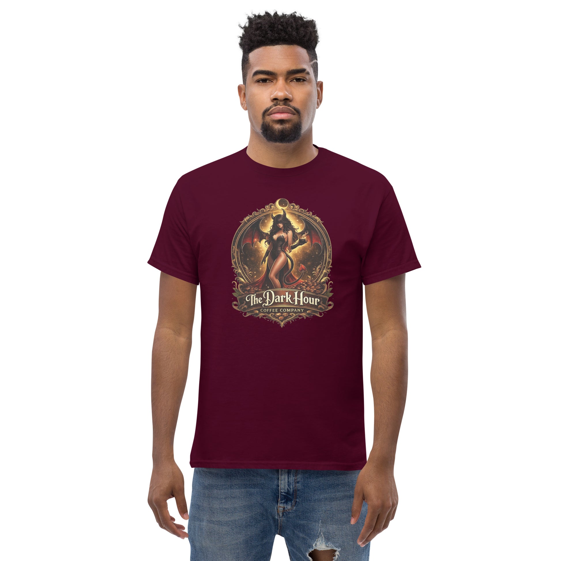 Maroon unisex Classic Tee from The Dark Hour Coffee Company, front view showing soft cotton fabric and relaxed fit.