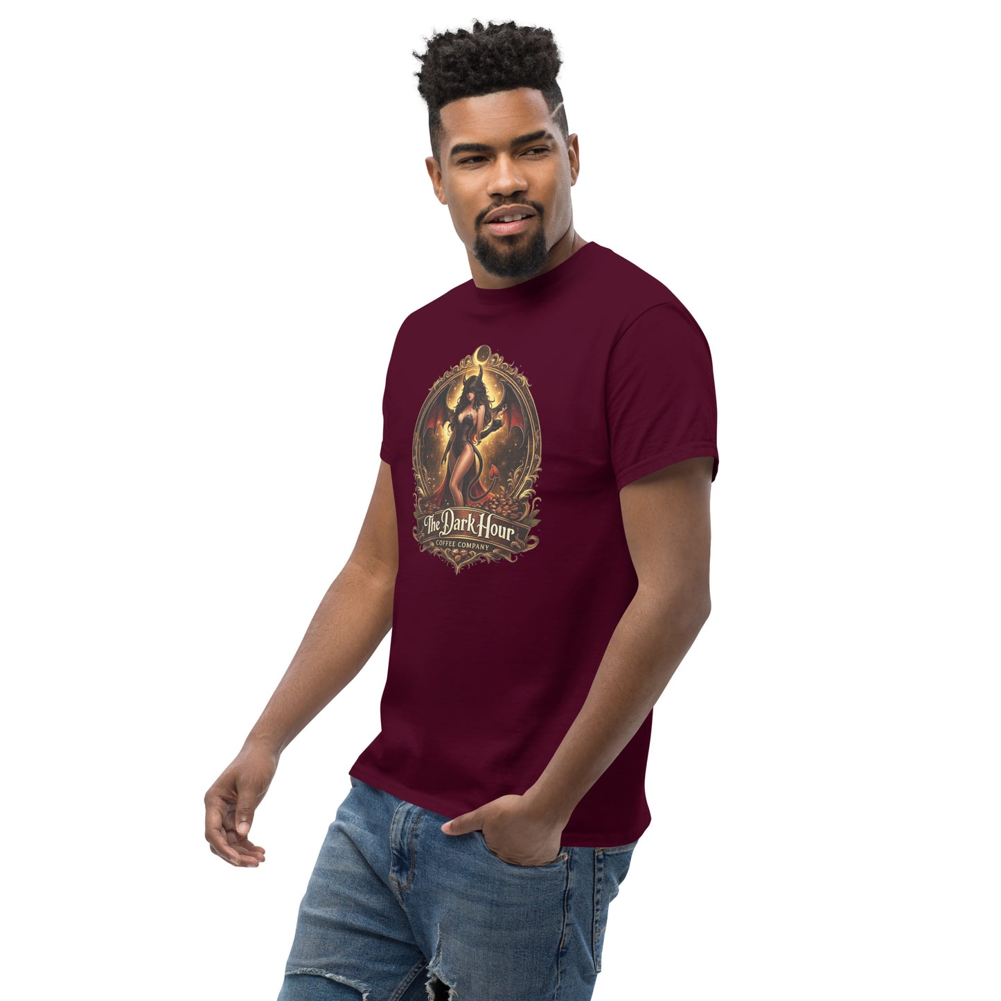 Maroon unisex classic T-shirt from The Dark Hour Coffee Company, showing the front left side with a simple, clean design.