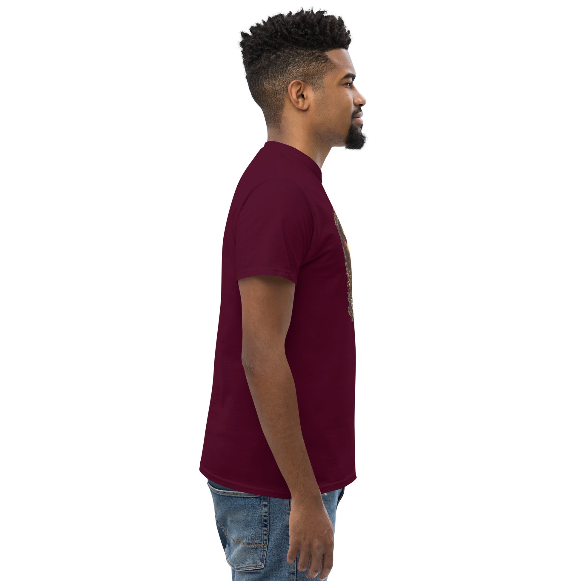 Maroon unisex classic tee from The Dark Hour Coffee Company displayed on a hanger against a white background.