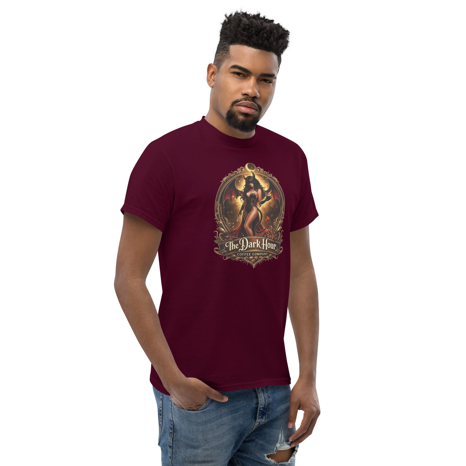 Maroon unisex classic T-shirt from The Dark Hour Coffee Company, shown from the right front side.