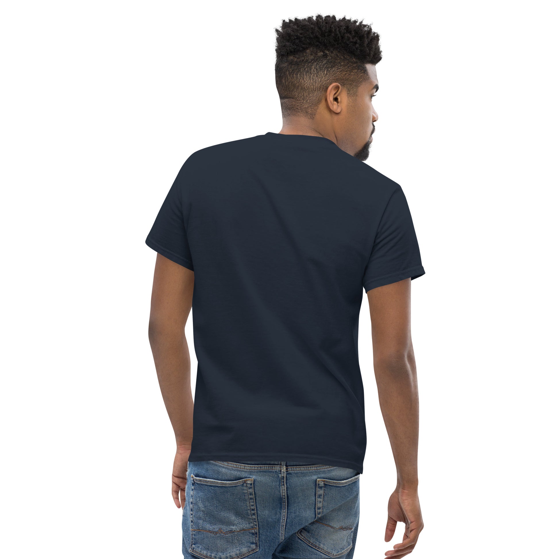Navy unisex classic tee from The Dark Hour Coffee Company, front view showing simple crew neck design and logo detail.