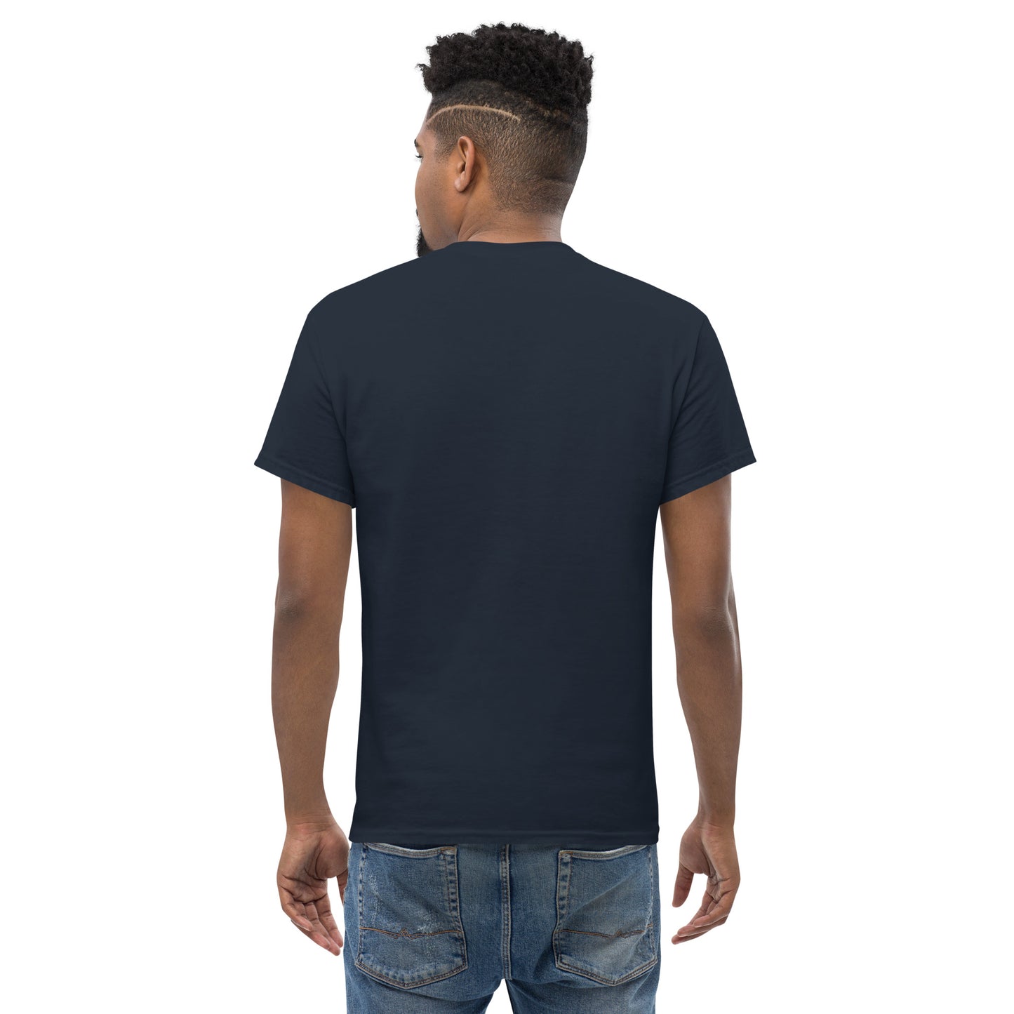 Navy unisex classic T-shirt from The Dark Hour Coffee Company, showing front and back design on soft cotton fabric.