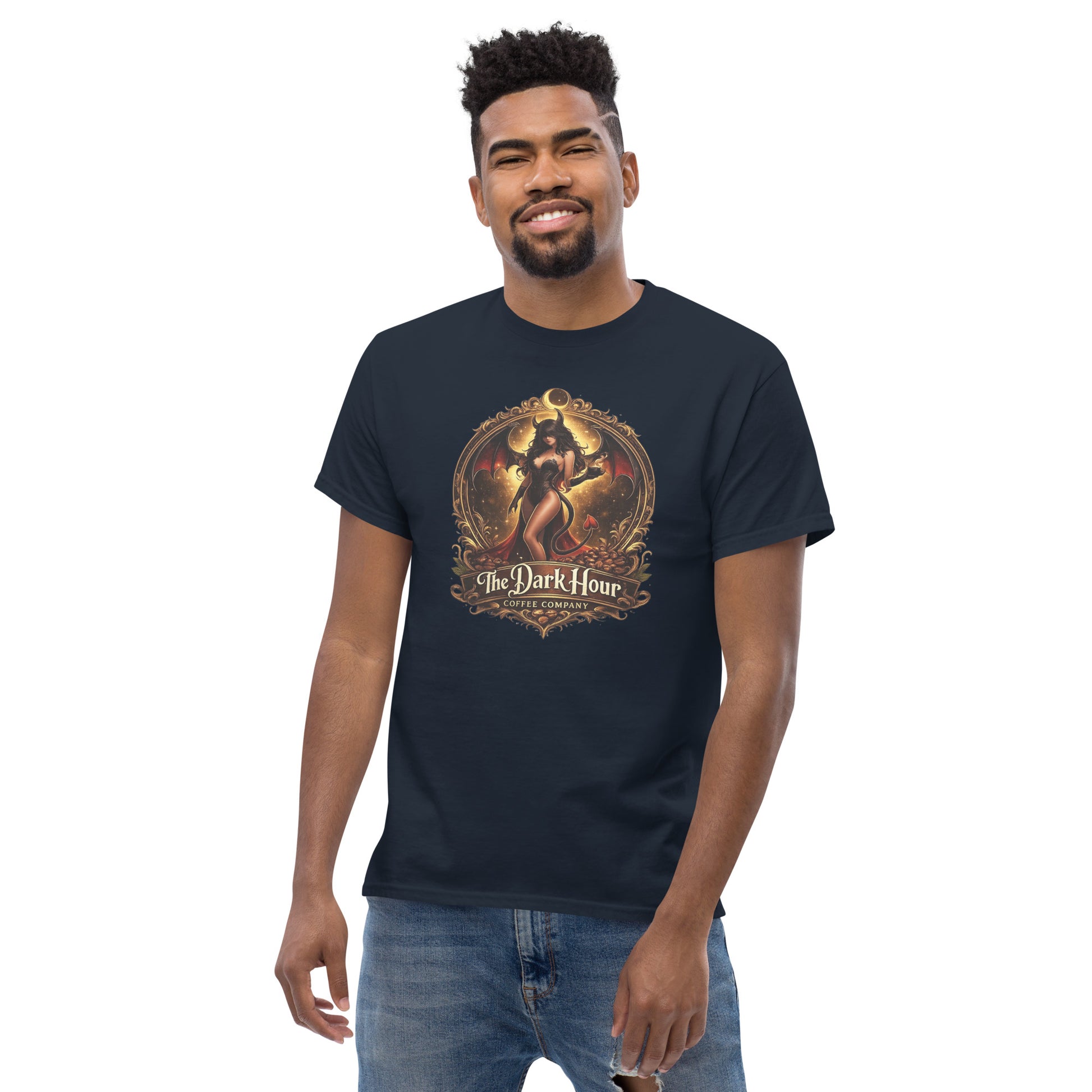 Navy unisex classic T-shirt from The Dark Hour Coffee Company, front view showing simple design and comfortable fit.