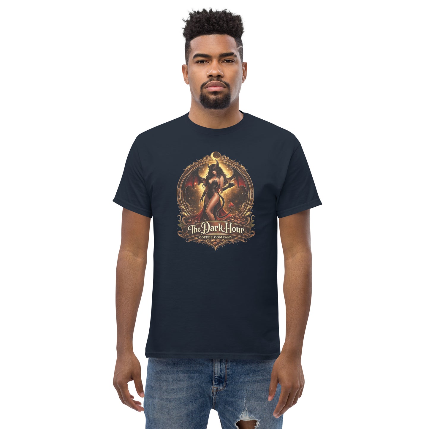 Unisex Classic Tee by The Dark Hour Coffee Company in navy, front view showing a comfortable casual fit and simple design.