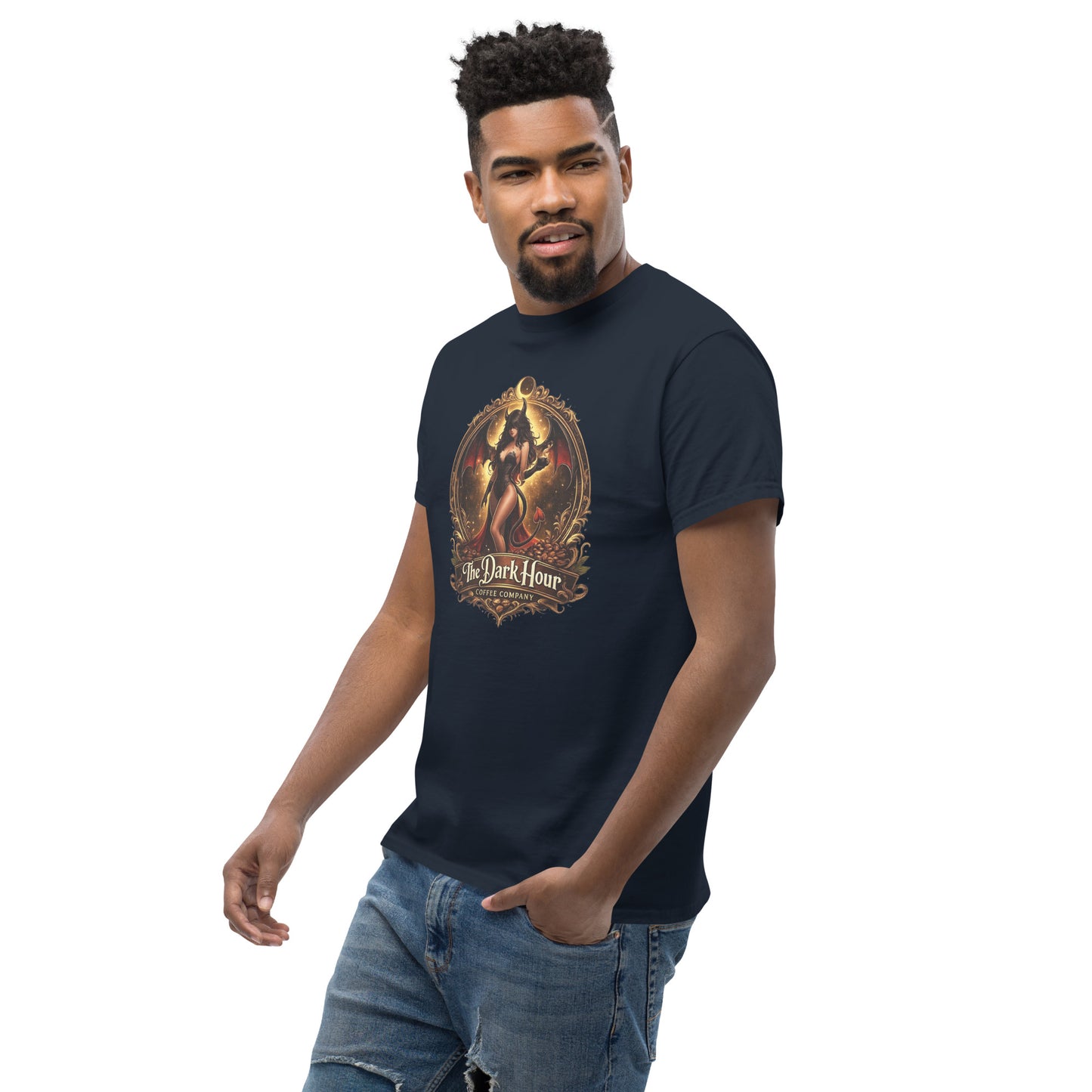 Unisex classic navy T-shirt from The Dark Hour Coffee Company, showing the left front view with a simple design.