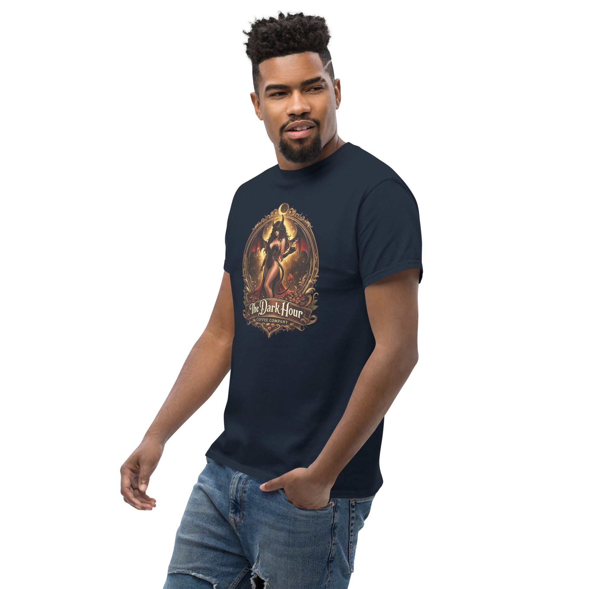 Unisex classic navy T-shirt from The Dark Hour Coffee Company, showing the left front view with a simple design.