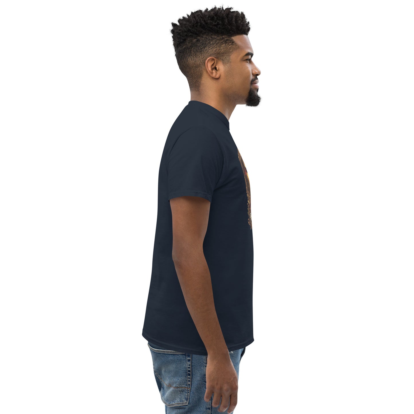 Navy unisex classic T-shirt by The Dark Hour Coffee Company, shown from the right side with a relaxed fit and soft cotton fabric.