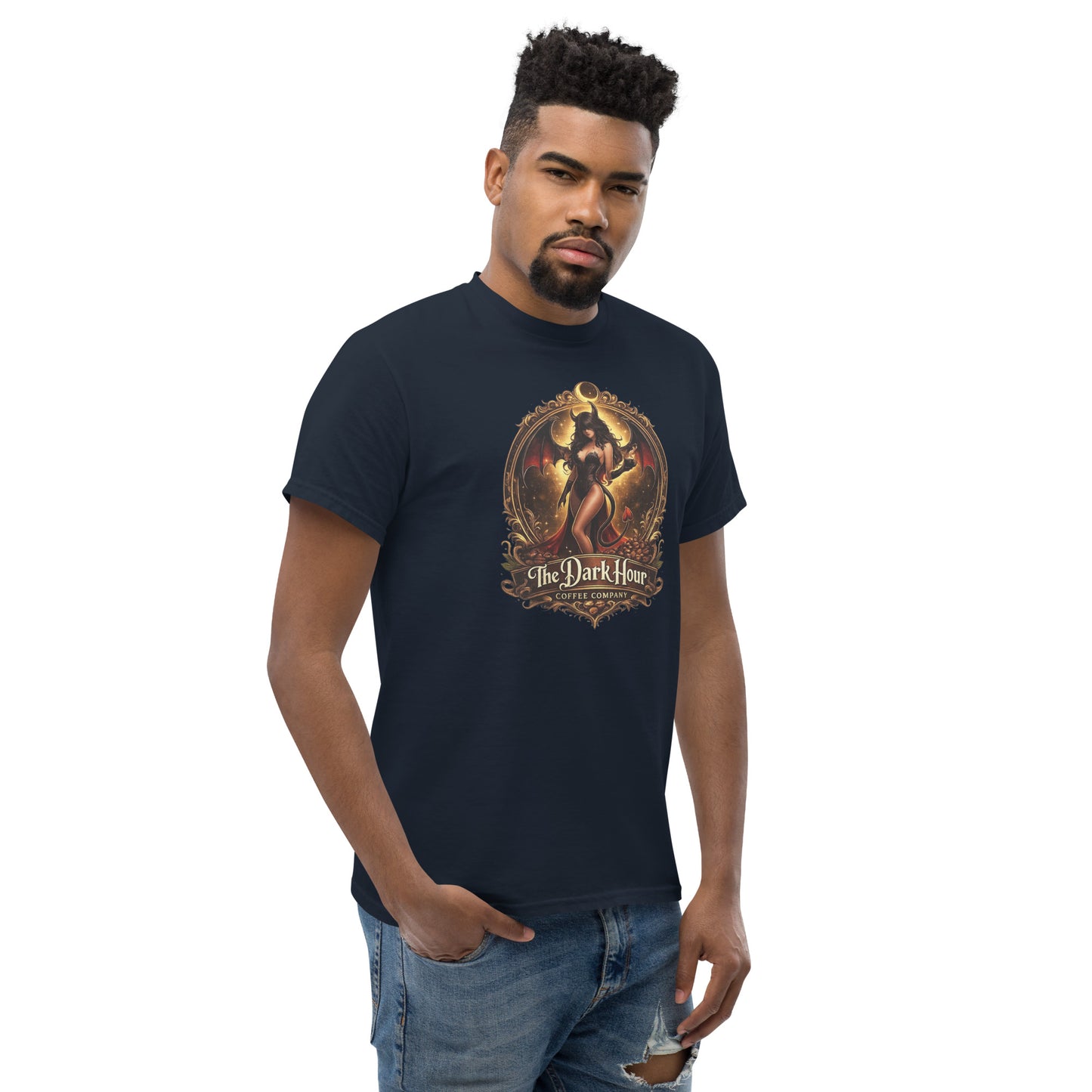Navy unisex classic tee from The Dark Hour Coffee Company, showing the right front view of the casual cotton t-shirt.