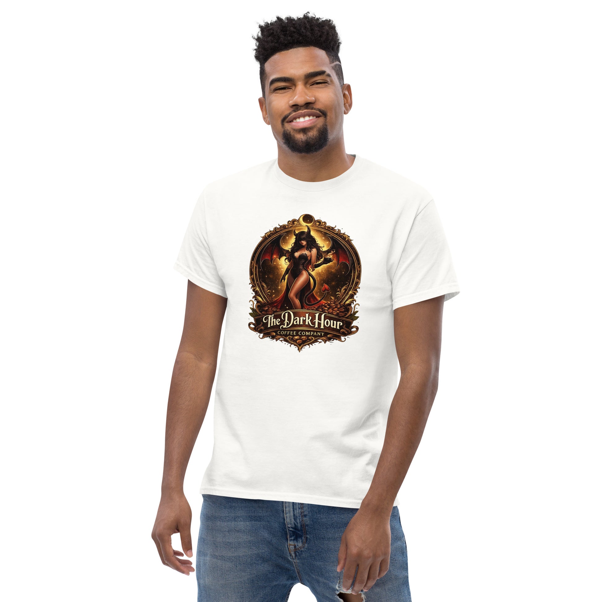 White unisex classic T-shirt from The Dark Hour Coffee Company, front view showing simple design and soft fabric.