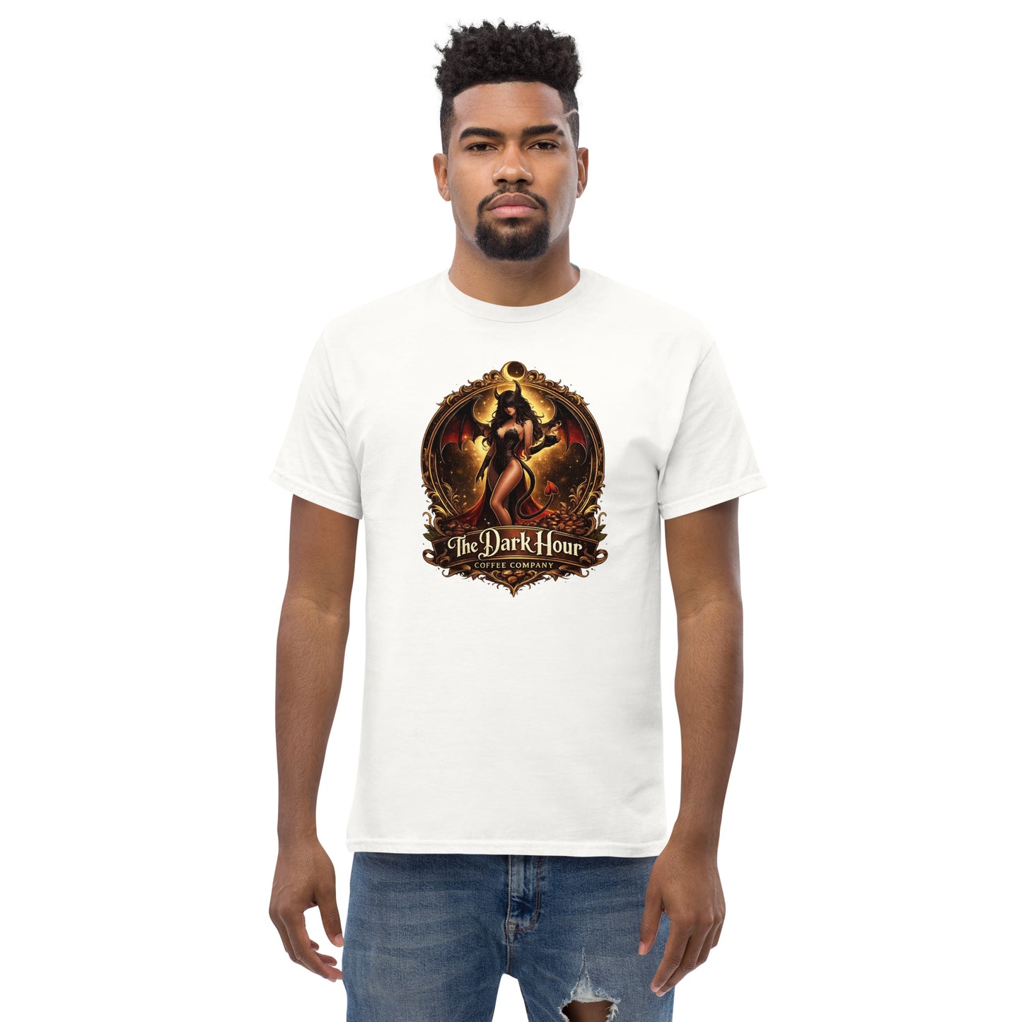 White unisex classic T-shirt from The Dark Hour Coffee Company, front view showing a simple, comfortable design.