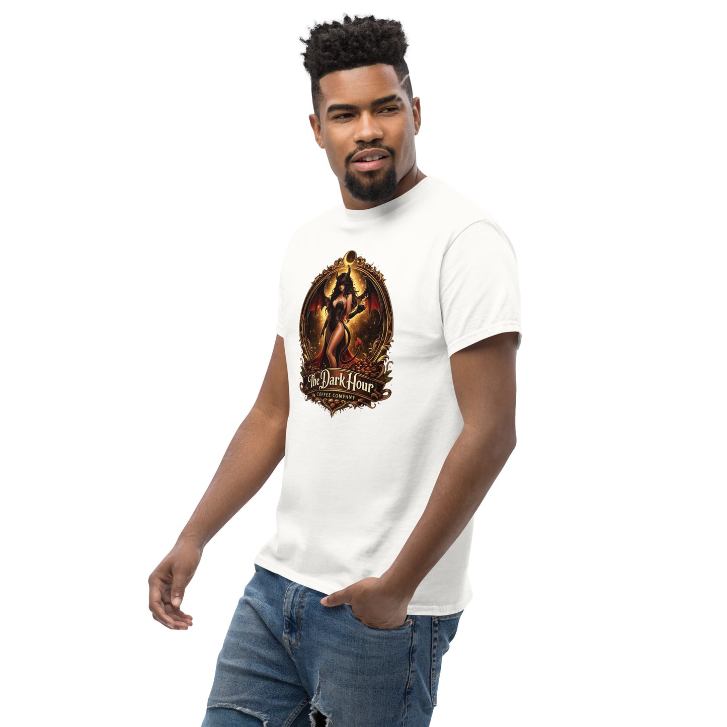 White unisex classic tee from The Dark Hour Coffee Company, shown from the left front view with a simple fit and soft fabric.