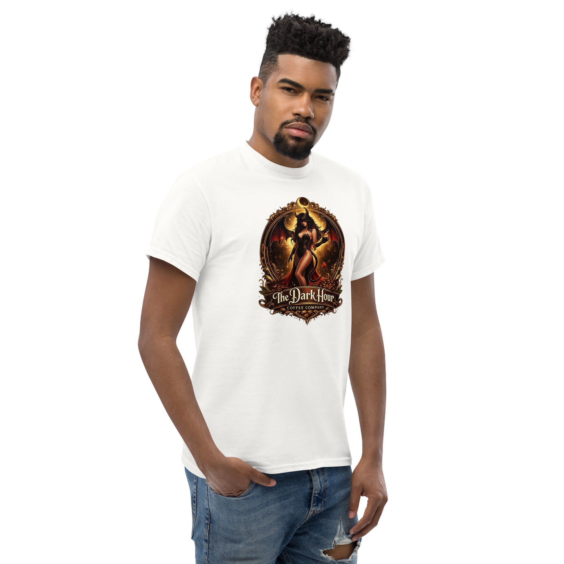 White unisex classic T-shirt by The Dark Hour Coffee Company, showing right front view with a simple, clean design.