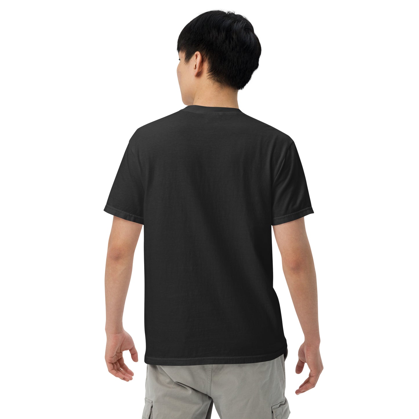 Unisex black garment-dyed heavyweight T-shirt from The Dark Hour Coffee Company, showing the back view with a relaxed fit.