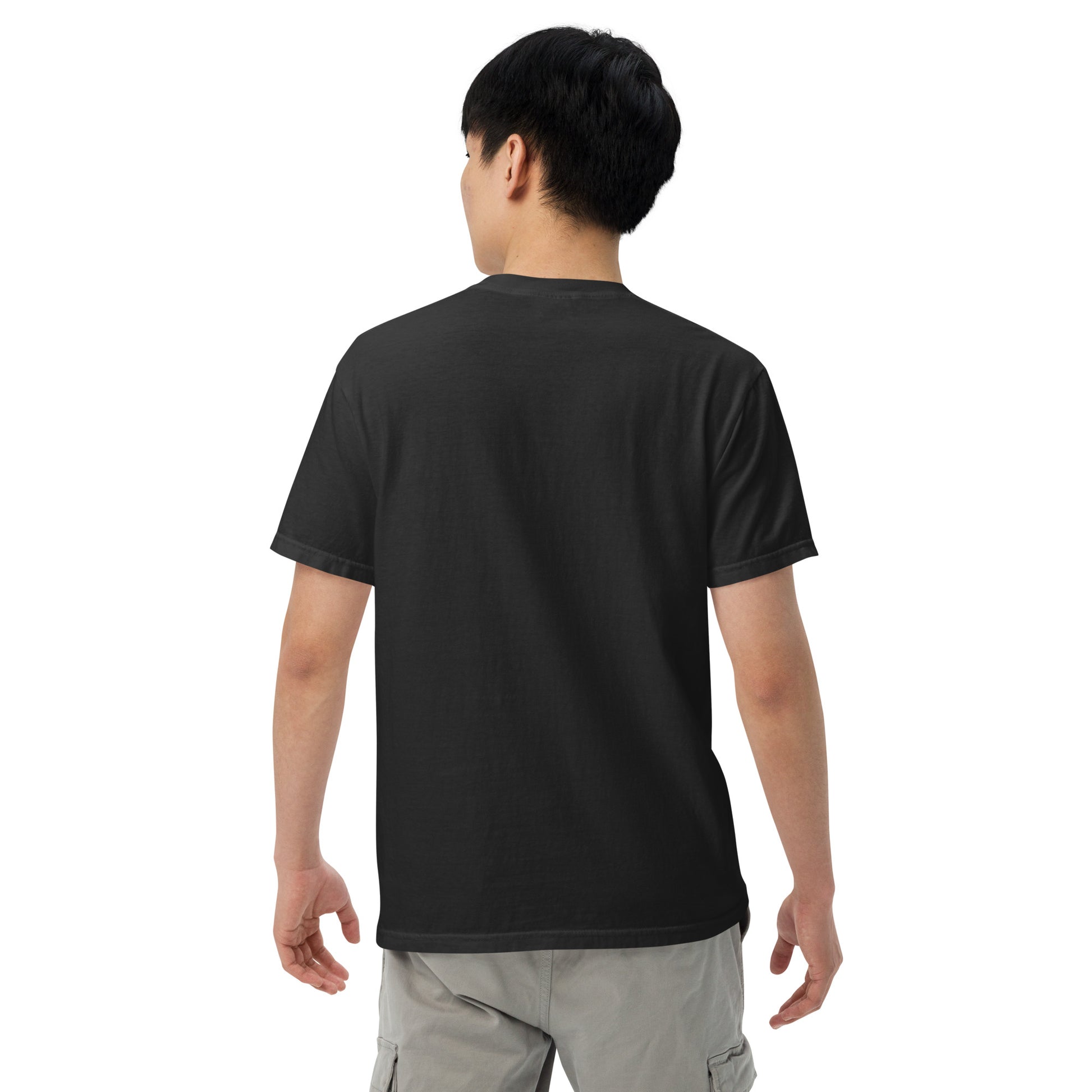 Unisex black garment-dyed heavyweight T-shirt from The Dark Hour Coffee Company, showing the back view with a relaxed fit.