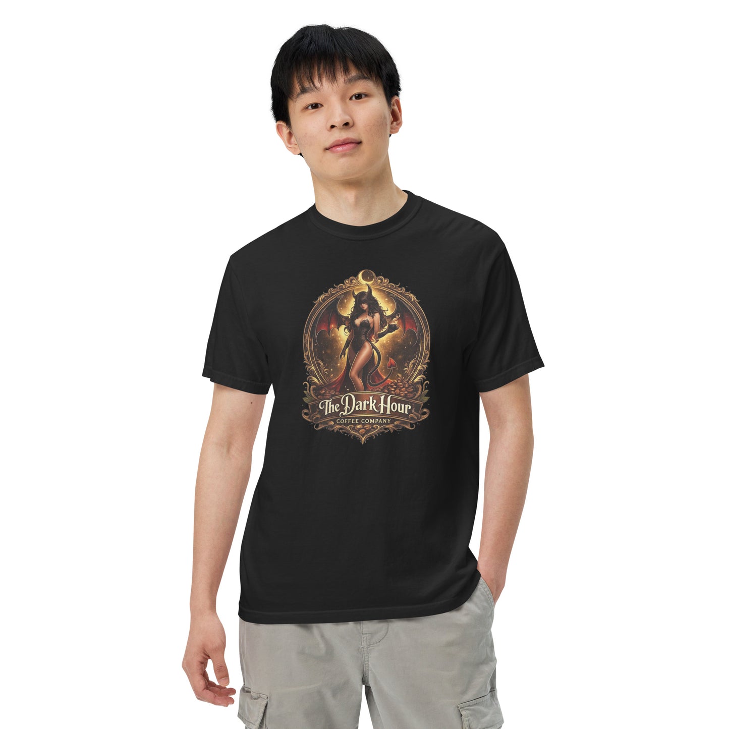 Unisex black garment-dyed heavyweight T-shirt from The Dark Hour Coffee Company, front view showing soft fabric and classic fit.