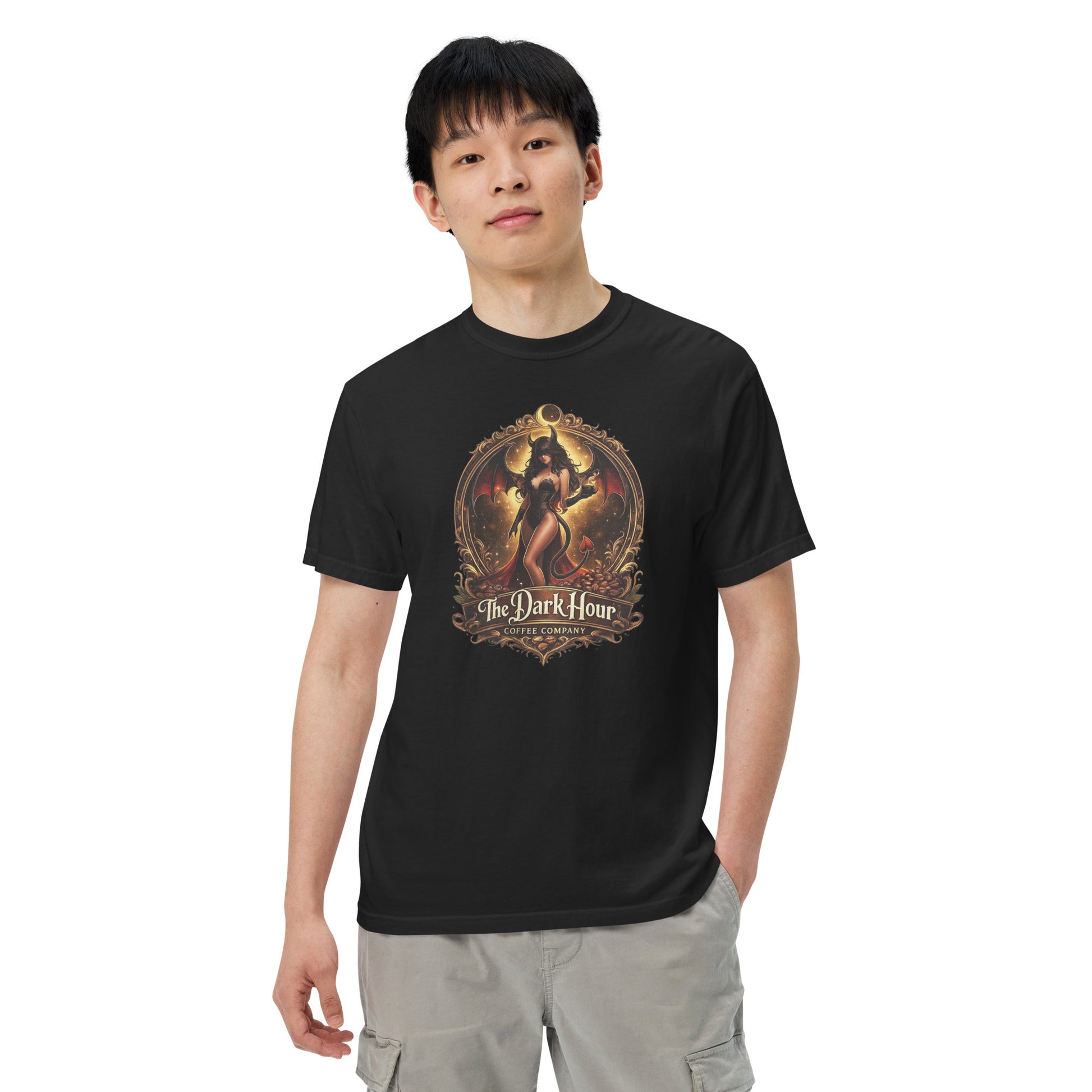 Unisex black garment-dyed heavyweight T-shirt from The Dark Hour Coffee Company, front view showing soft fabric and classic fit.