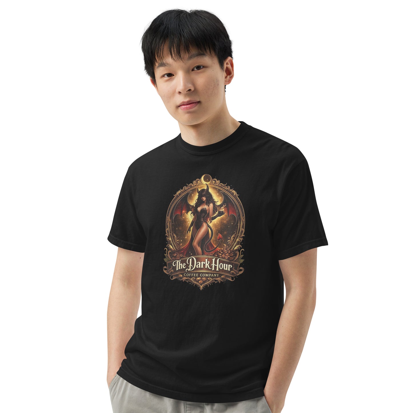Unisex black garment-dyed heavyweight T-shirt by The Dark Hour Coffee Company, front view showing soft fabric and classic fit.