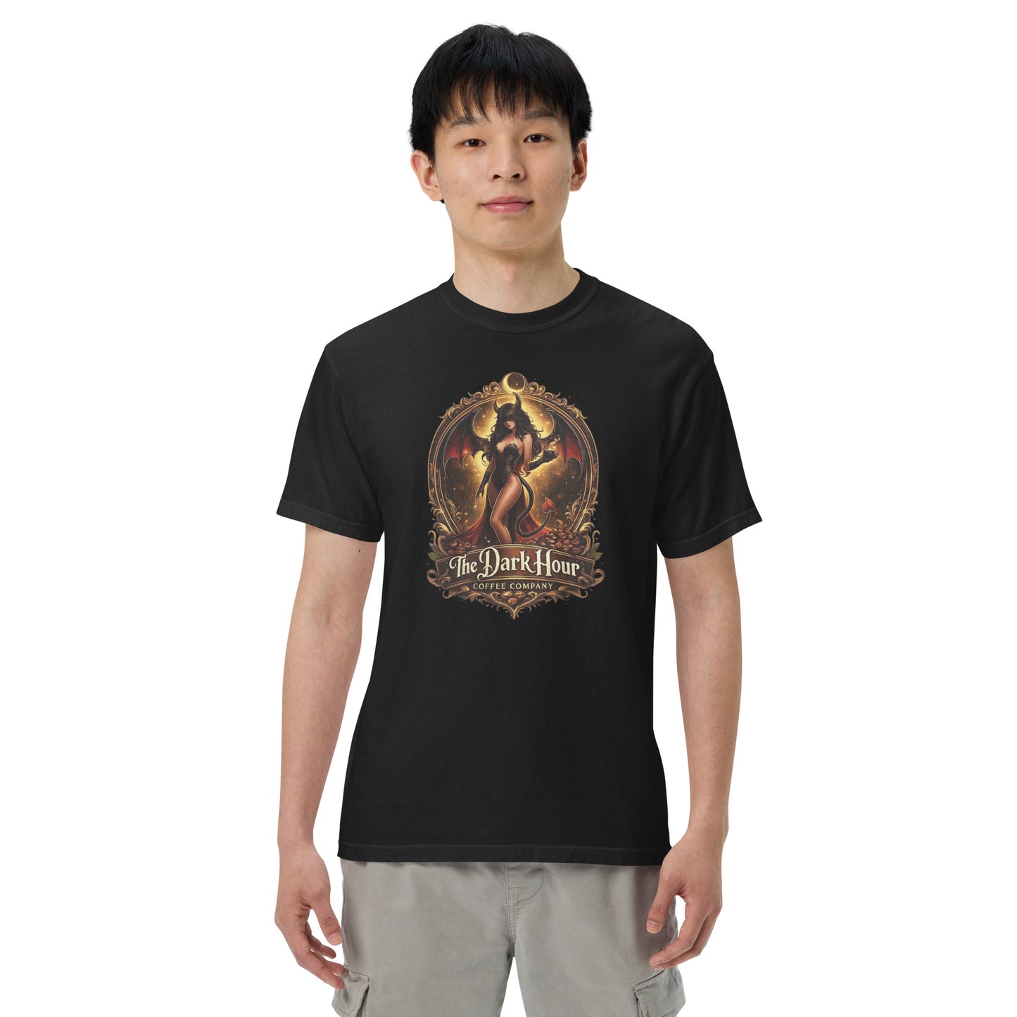 Unisex black garment-dyed heavyweight T-shirt by The Dark Hour Coffee Company, front view showing soft fabric and classic fit.