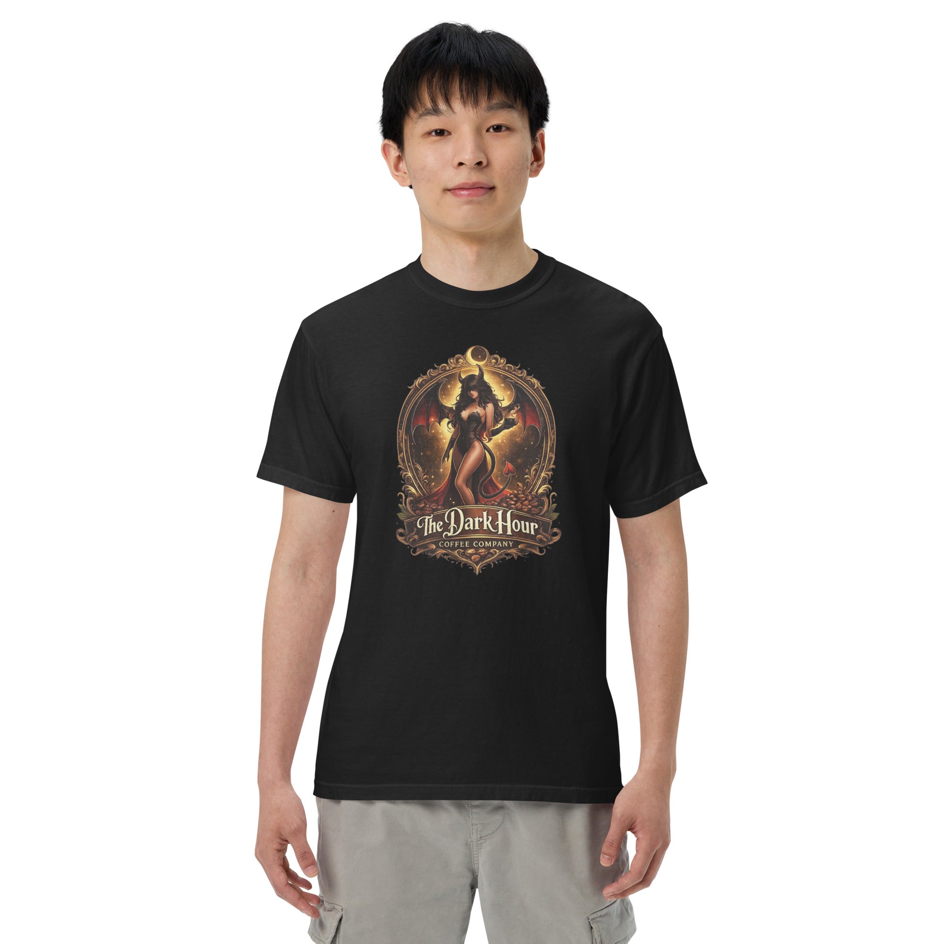 Unisex black garment-dyed heavyweight T-shirt by The Dark Hour Coffee Company, front view showing soft fabric and classic fit.