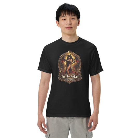 Unisex black garment-dyed heavyweight T-shirt by The Dark Hour Coffee Company, front view showing soft fabric and classic fit.