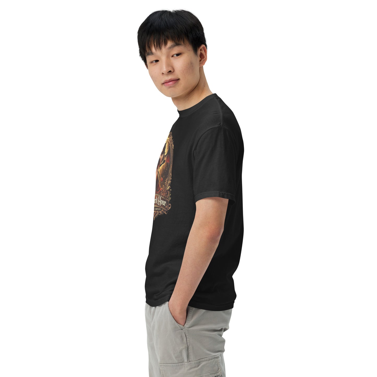 Unisex black garment-dyed heavyweight T-shirt from The Dark Hour Coffee Company, shown from the left side.