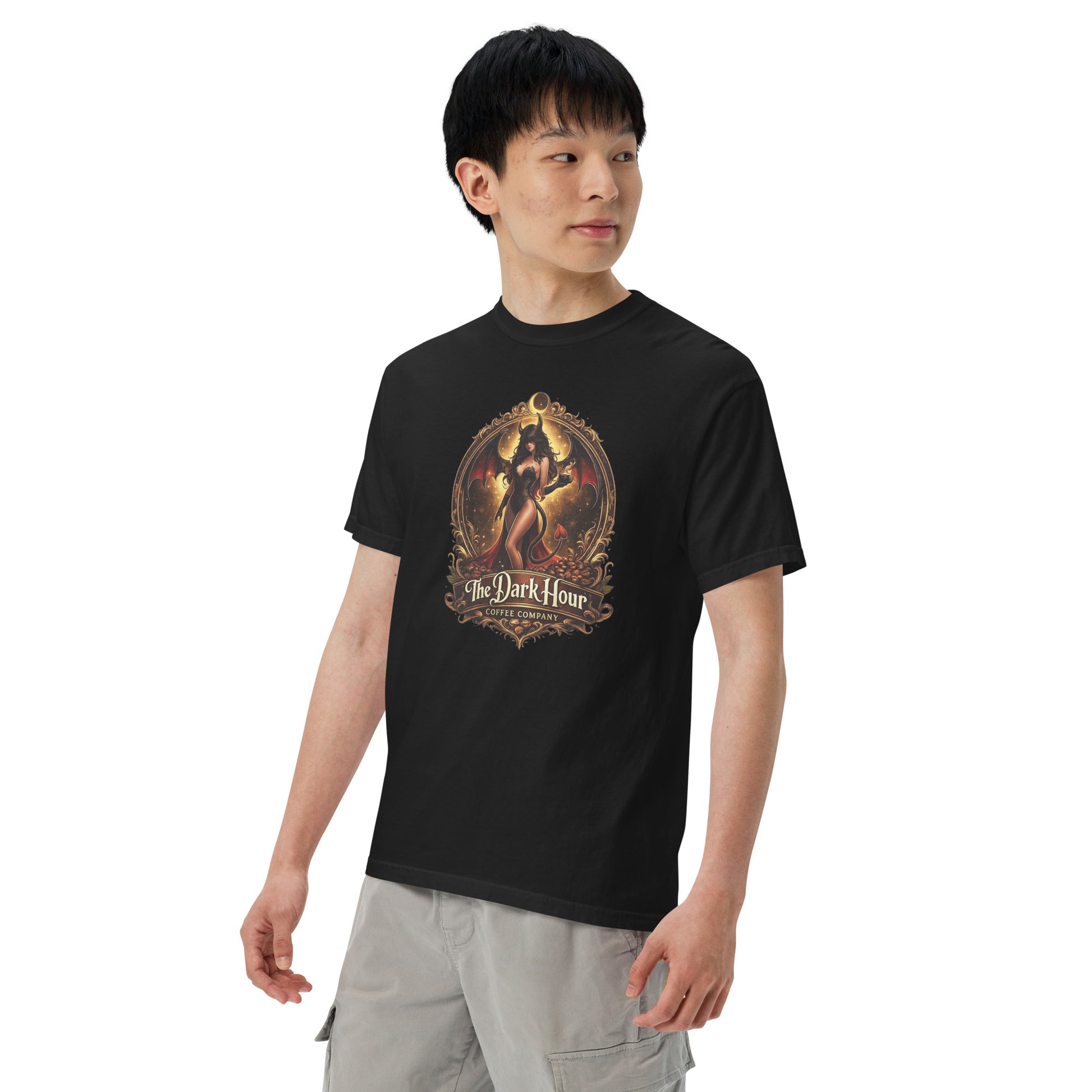Unisex black garment-dyed heavyweight T-shirt by The Dark Hour Coffee Company, front view showing soft, durable fabric.