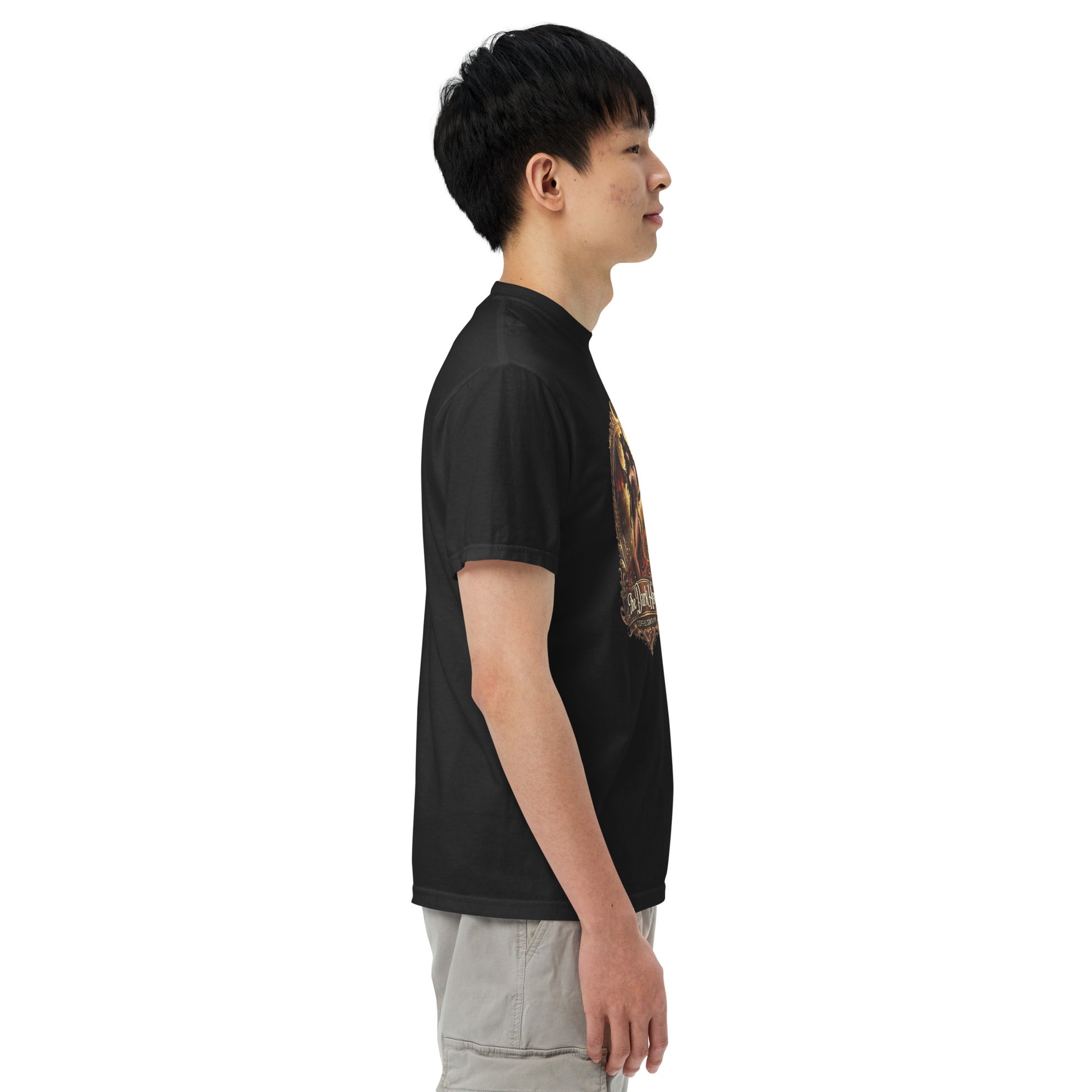 Unisex black garment-dyed heavyweight T-shirt from The Dark Hour Coffee Company, displayed flat with short sleeves