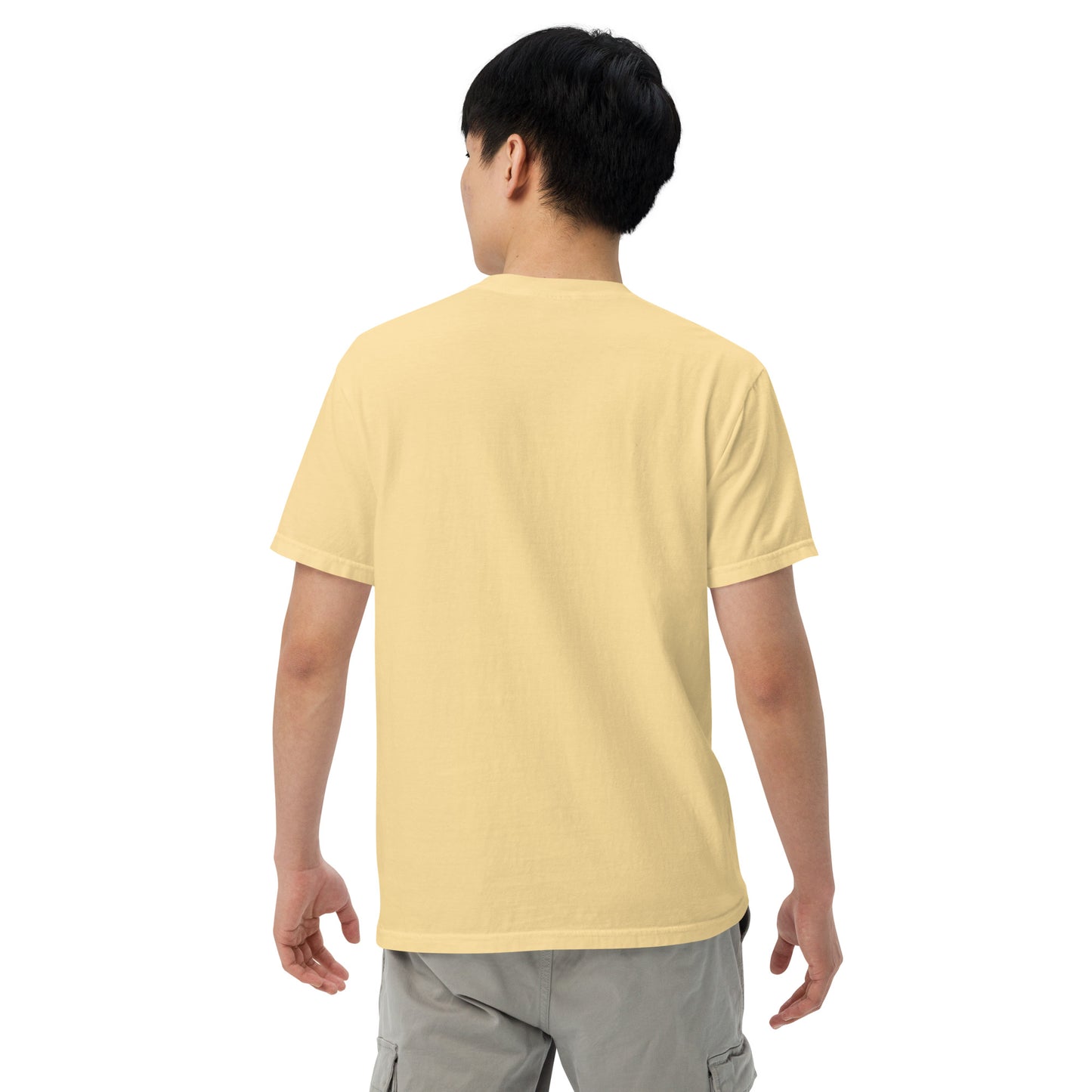 Unisex garment-dyed heavyweight T-shirt in butter color from The Dark Hour Coffee Company, shown from the back.