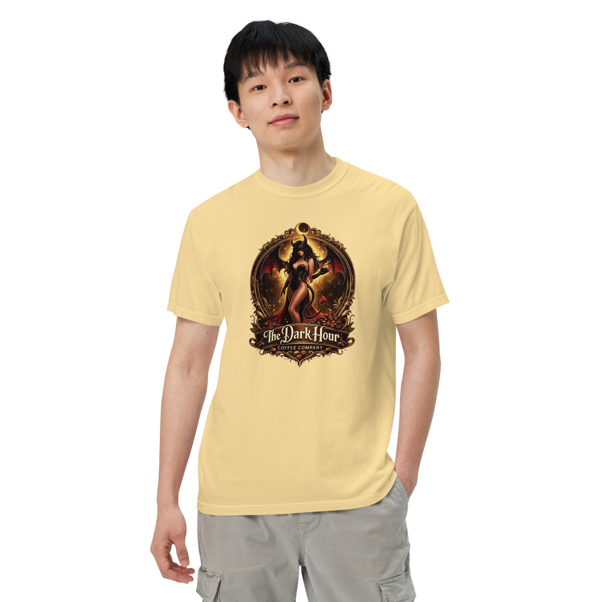 Unisex garment-dyed heavyweight T-shirt from The Dark Hour Coffee Company, beige color, front view showing soft fabric and casual fit.