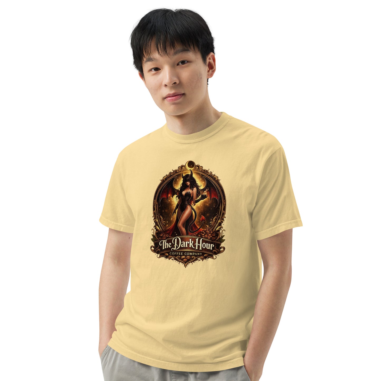 Unisex garment-dyed heavyweight T-shirt in butter color by The Dark Hour Coffee Company, front view showing soft fabric and relaxed fit.