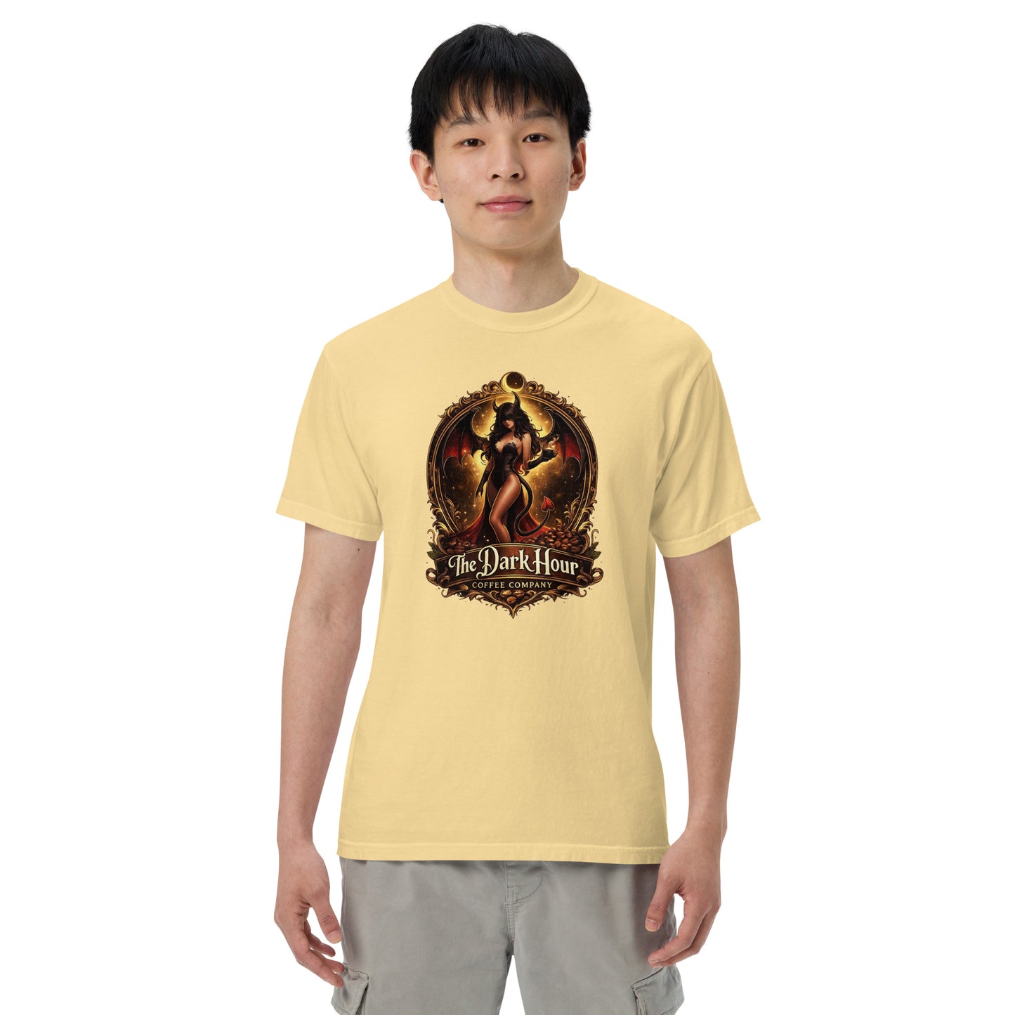 Unisex garment-dyed heavyweight T-shirt in butter yellow by The Dark Hour Coffee Company, front view showing soft fabric and relaxed fit.