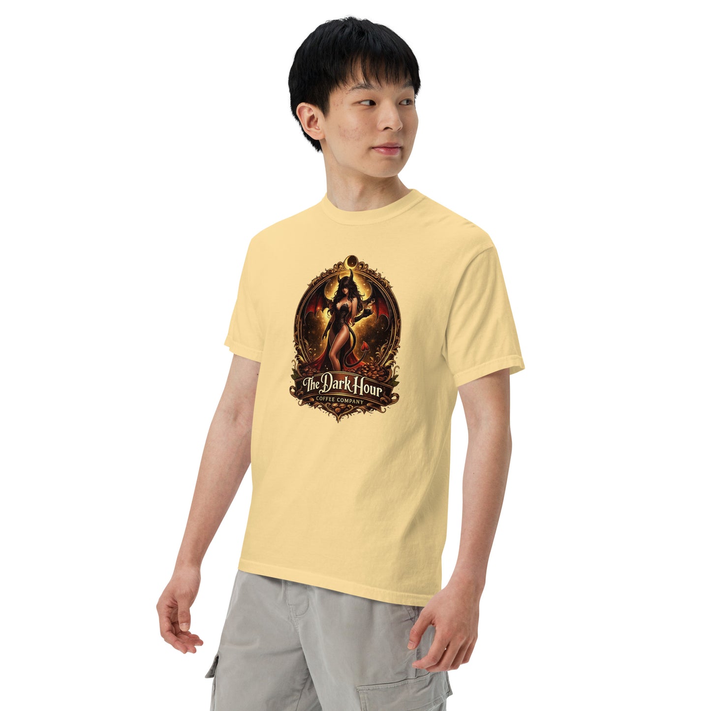 Unisex garment-dyed heavyweight T-shirt in butter color from The Dark Hour Coffee Company, shown from the left front.
