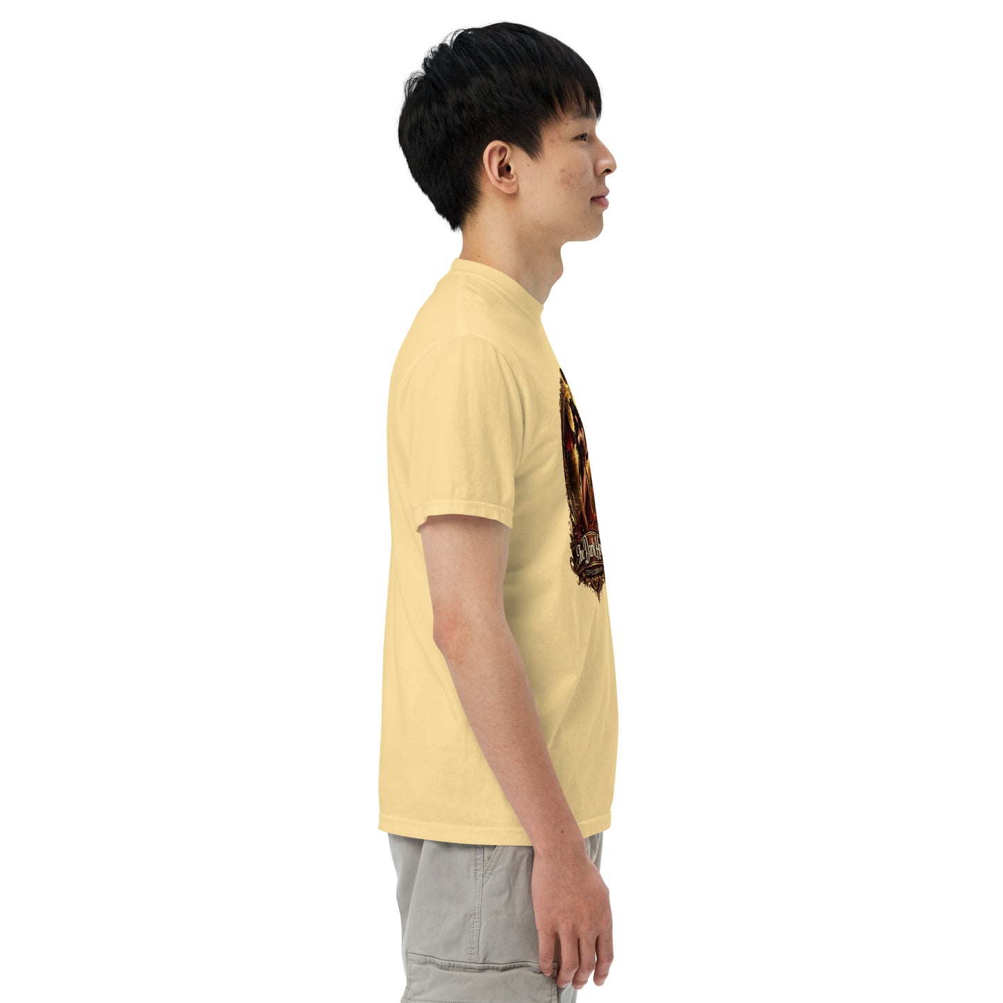 Unisex garment-dyed heavyweight T-shirt in butter yellow, styled casually, from The Dark Hour Coffee Company.