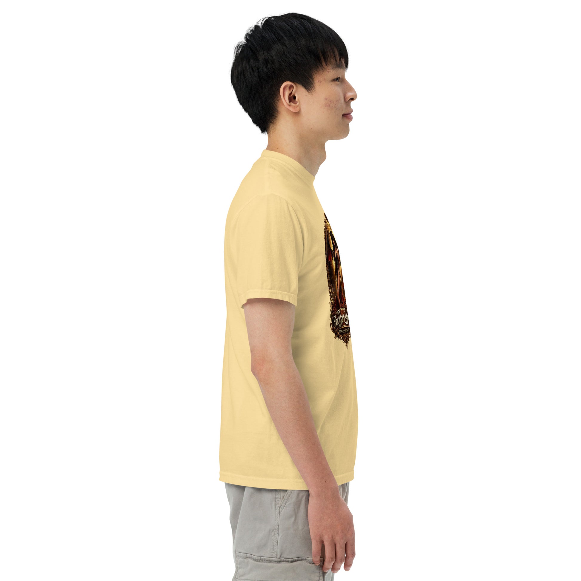 Unisex garment-dyed heavyweight T-shirt in butter yellow, styled casually, from The Dark Hour Coffee Company.