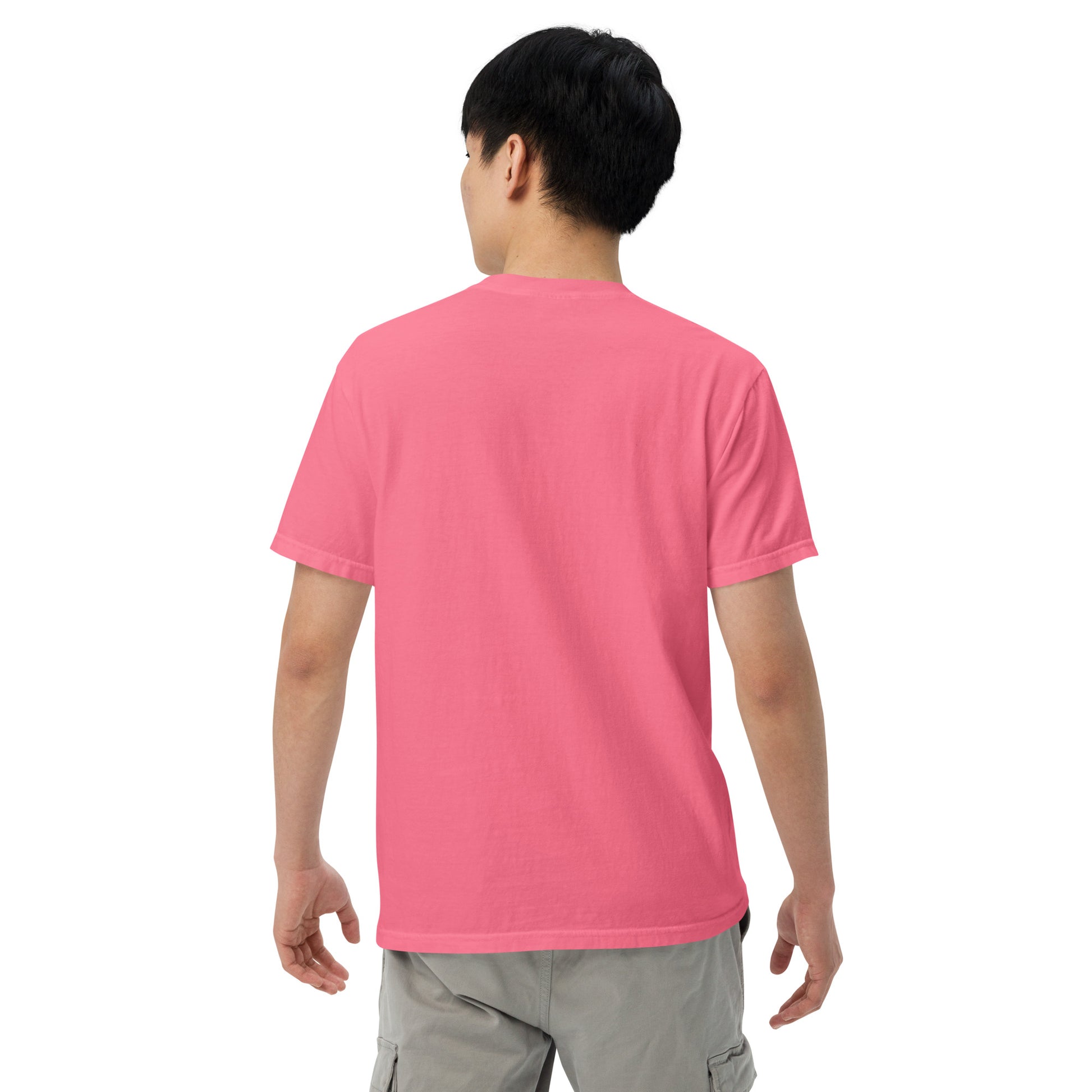 Unisex garment-dyed heavyweight T-shirt in Crunchberry color by The Dark Hour Coffee Company, showing the back view.