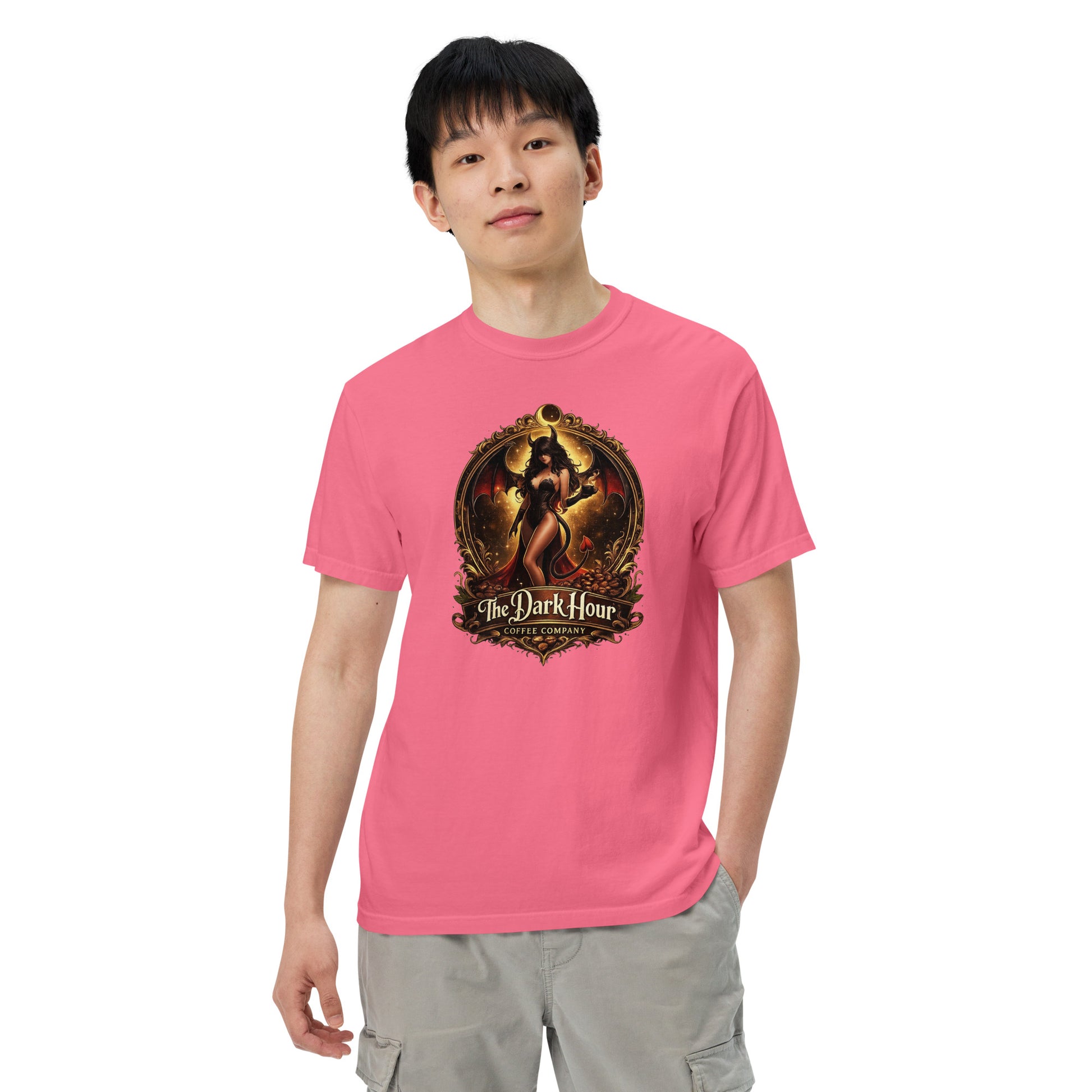 Unisex garment-dyed heavyweight T-shirt in crunchberry color from The Dark Hour Coffee Company, front view.