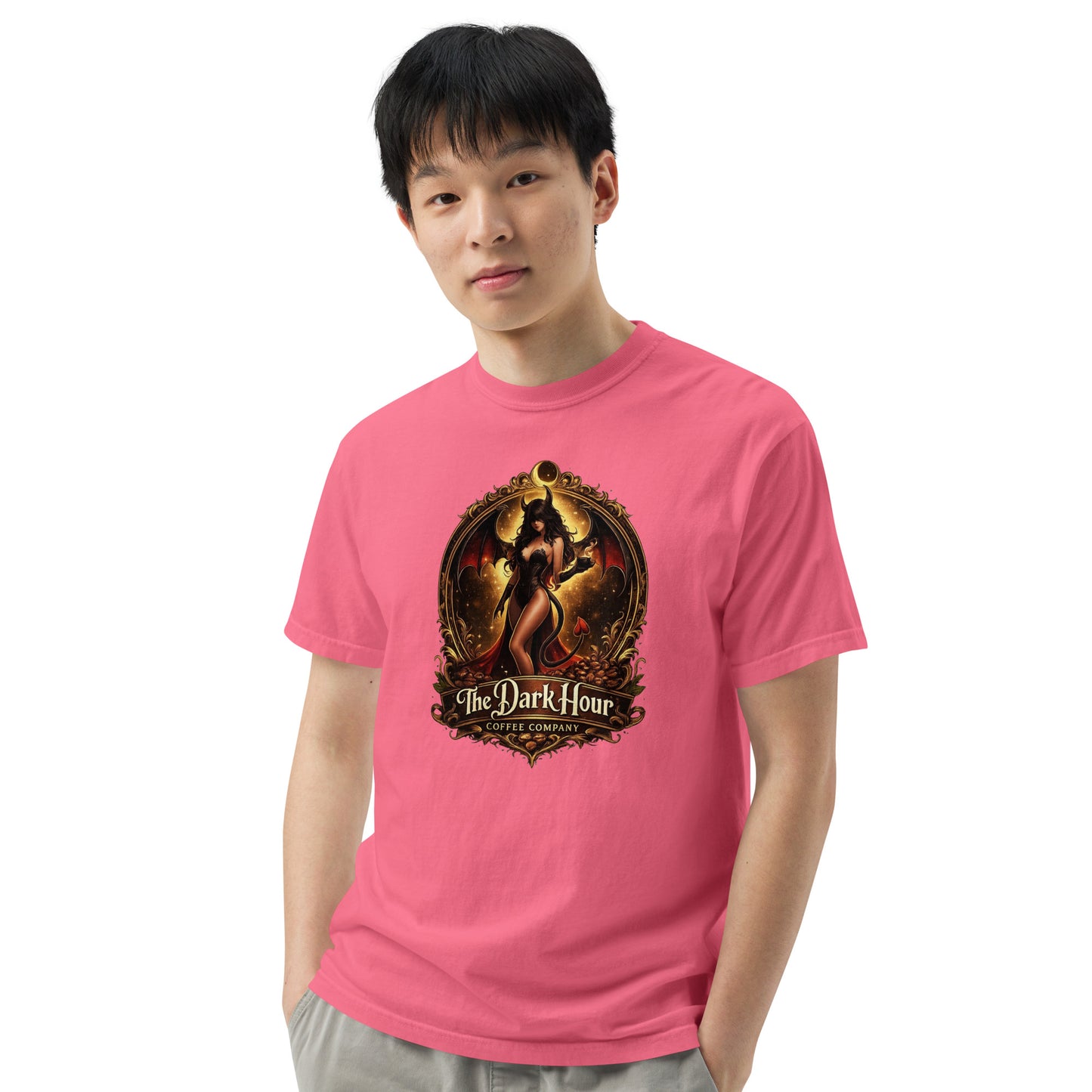 Unisex garment-dyed heavyweight T-shirt by The Dark Hour Coffee Company in crunchberry color, front view showing soft fabric texture.