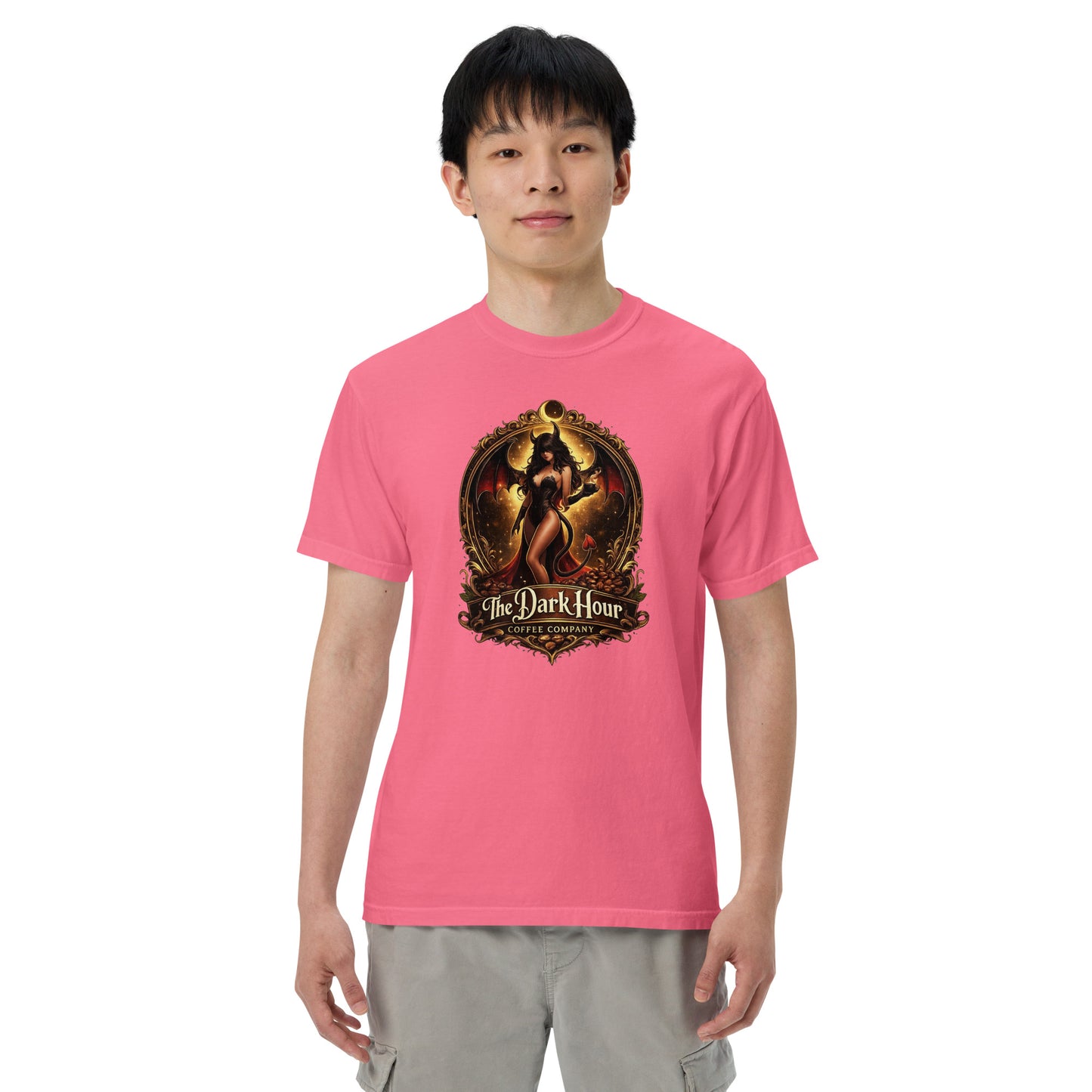 Unisex garment-dyed heavyweight T-shirt in crunchberry color by The Dark Hour Coffee Company, showing front view.