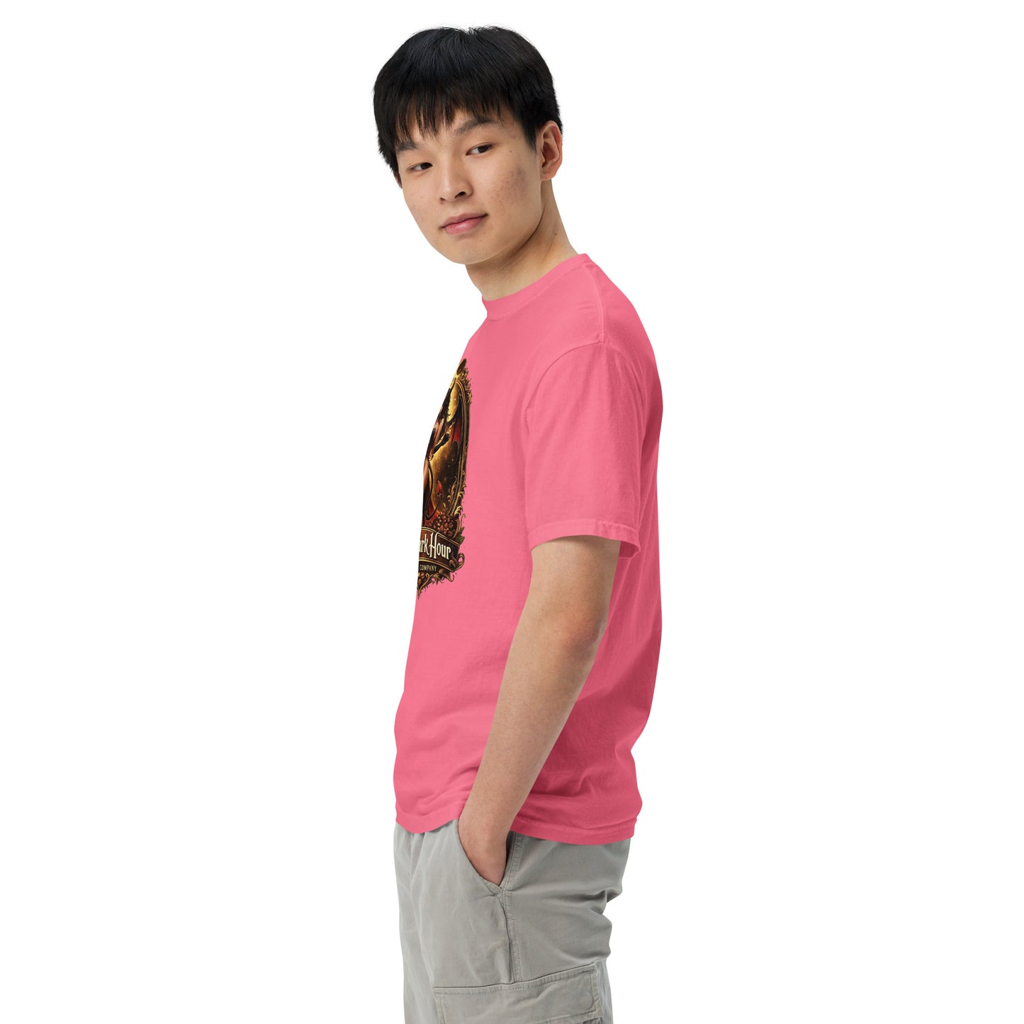 Unisex garment-dyed heavyweight T-shirt in Crunch Berry color by The Dark Hour Coffee Company, showing front view.