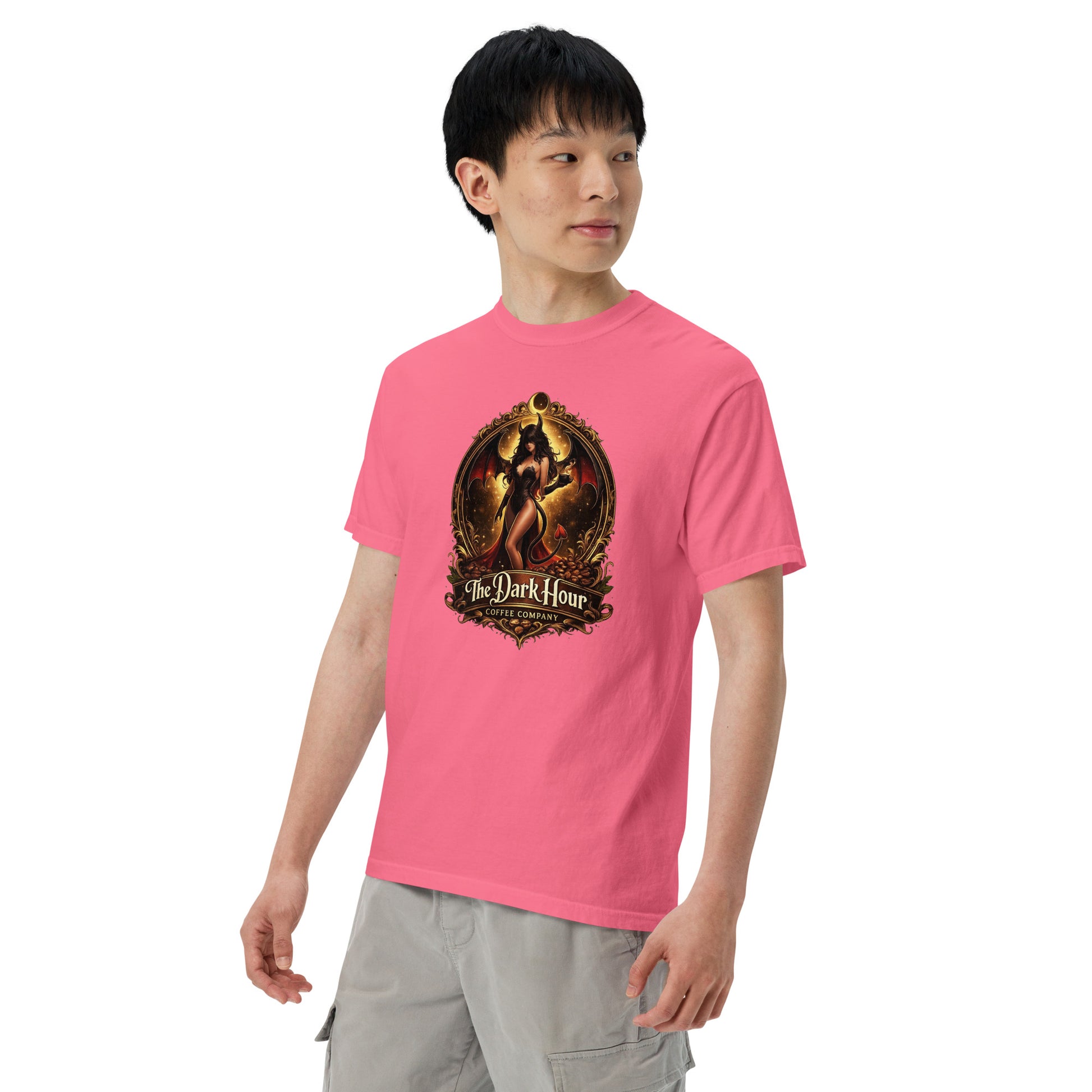 Unisex garment-dyed heavyweight T-shirt in crunchberry color by The Dark Hour Coffee Company, shown from the left front.
